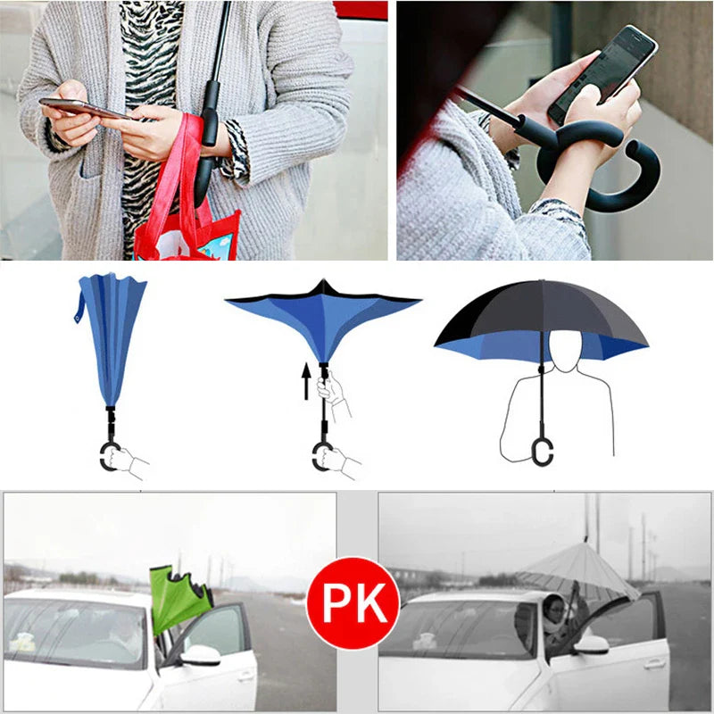 C Handle Windproof Reverse Folding Umbrella Man Women Sun Rain Car Inverted Umbrellas - Korvel