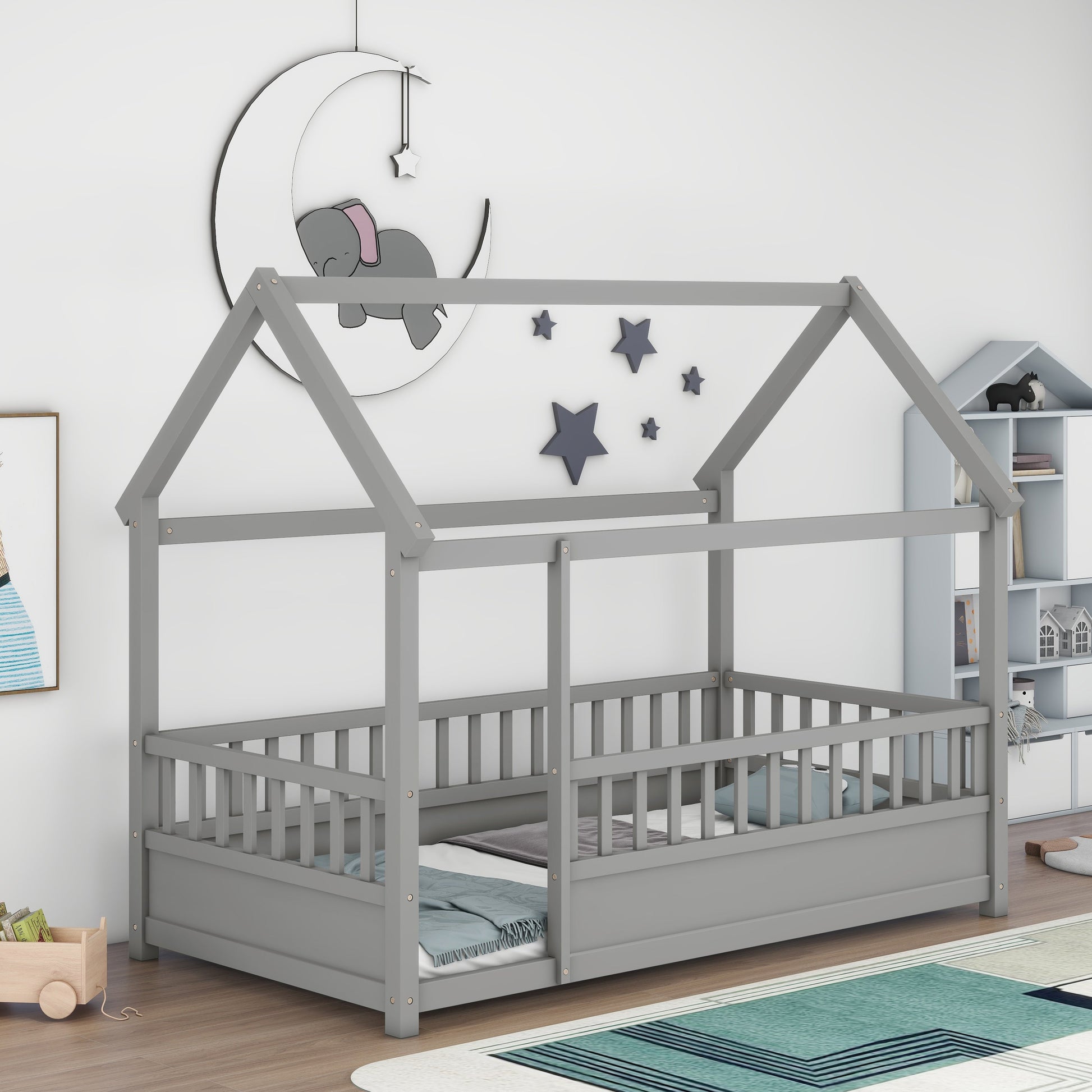 Twin Size Floor Wooden Bed with House Roof Frame Fence Guardrails Grey - Korvel