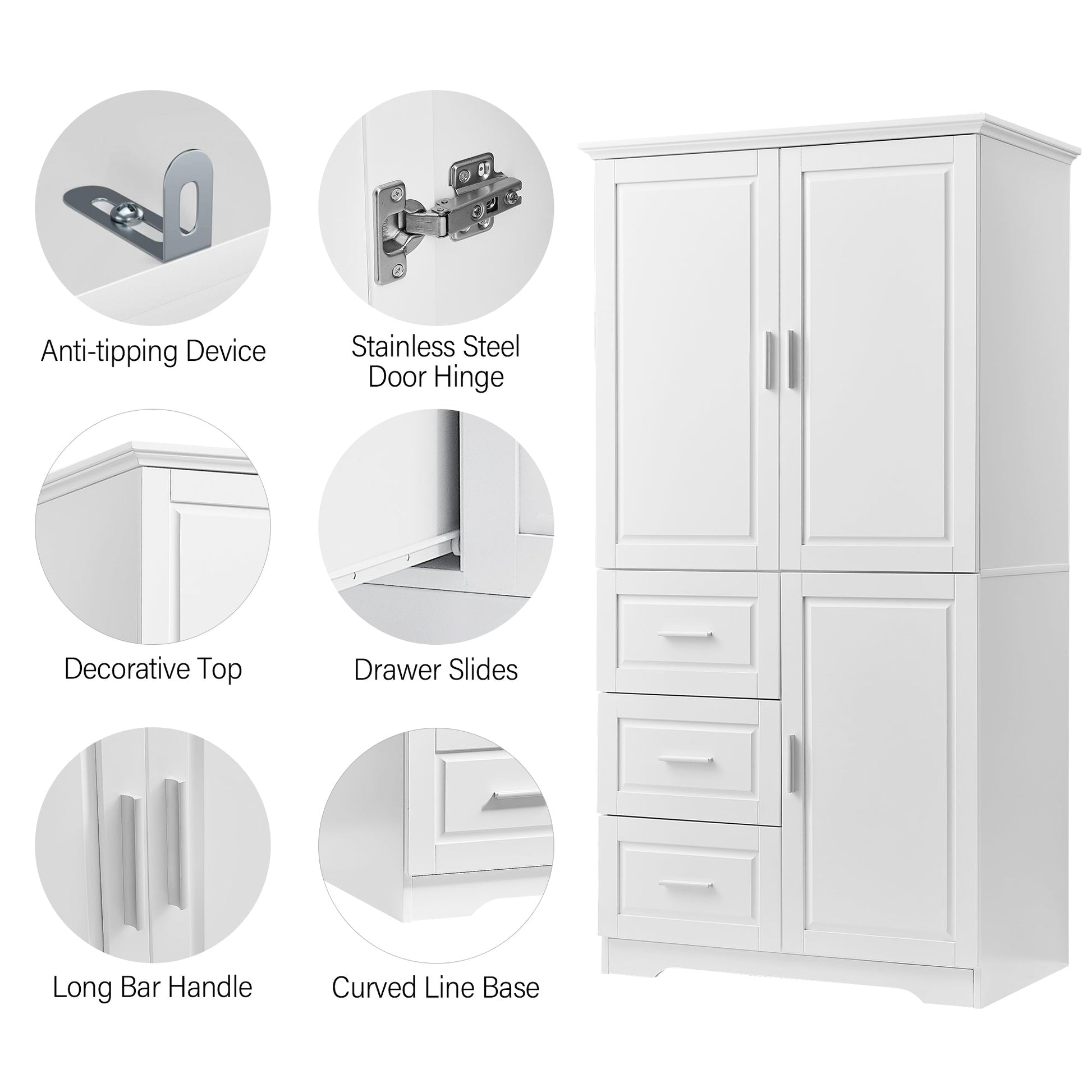 Tall and Wide Storage Cabinet with Doors for Bathroom/Office, Three Drawers, White - Korvel