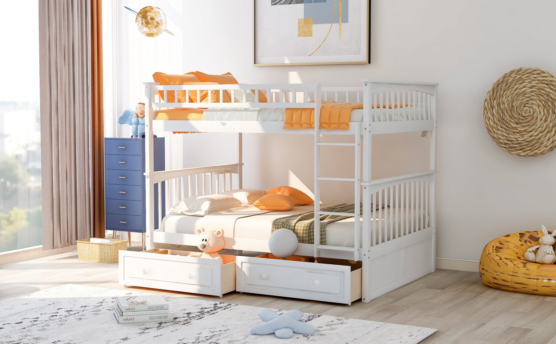 Full over Full Bunk Bed with Drawers  Convertible Beds  White - Korvel