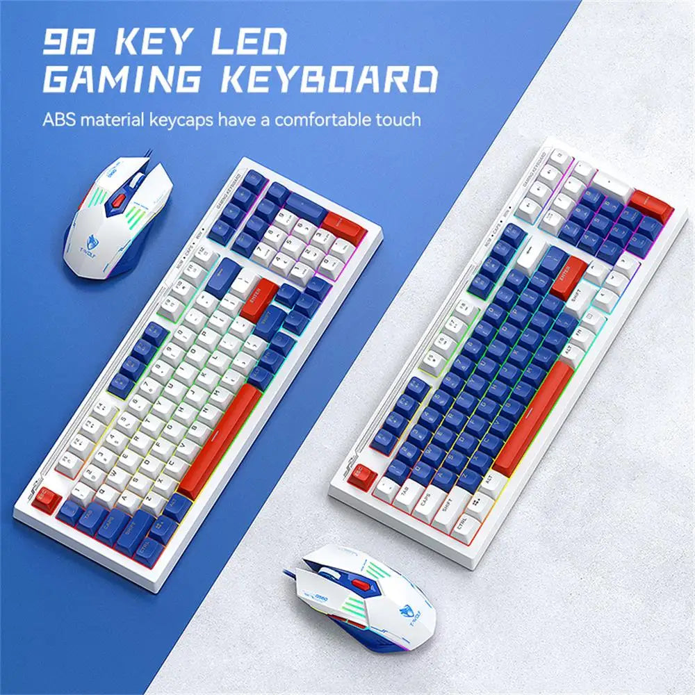 T-WOLF TF610 Keyboard and Mouse Game Keyboard and Mouse Set Mech Style Wired Esports Double Color White and Blue - Korvel