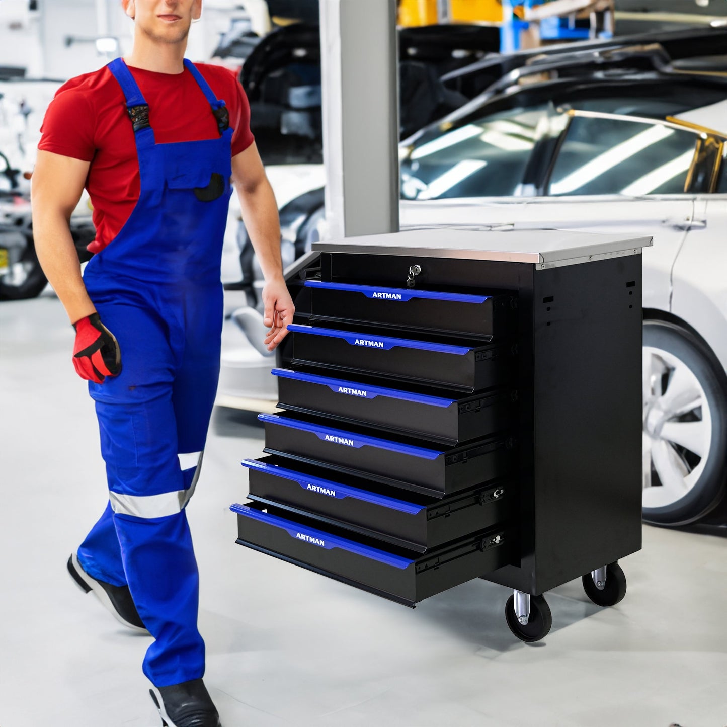 7 DRAWERS MULTIFUNCTIONAL TOOL CART WITH WHEELS-BLACK+BLUE - Korvel