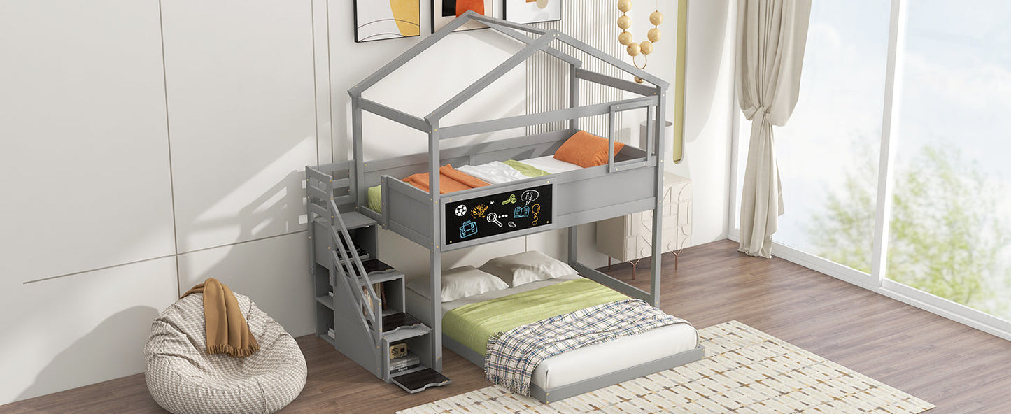 Twin over Full House Bunk Bed with Storage Staircase and Blackboard Gray - Korvel