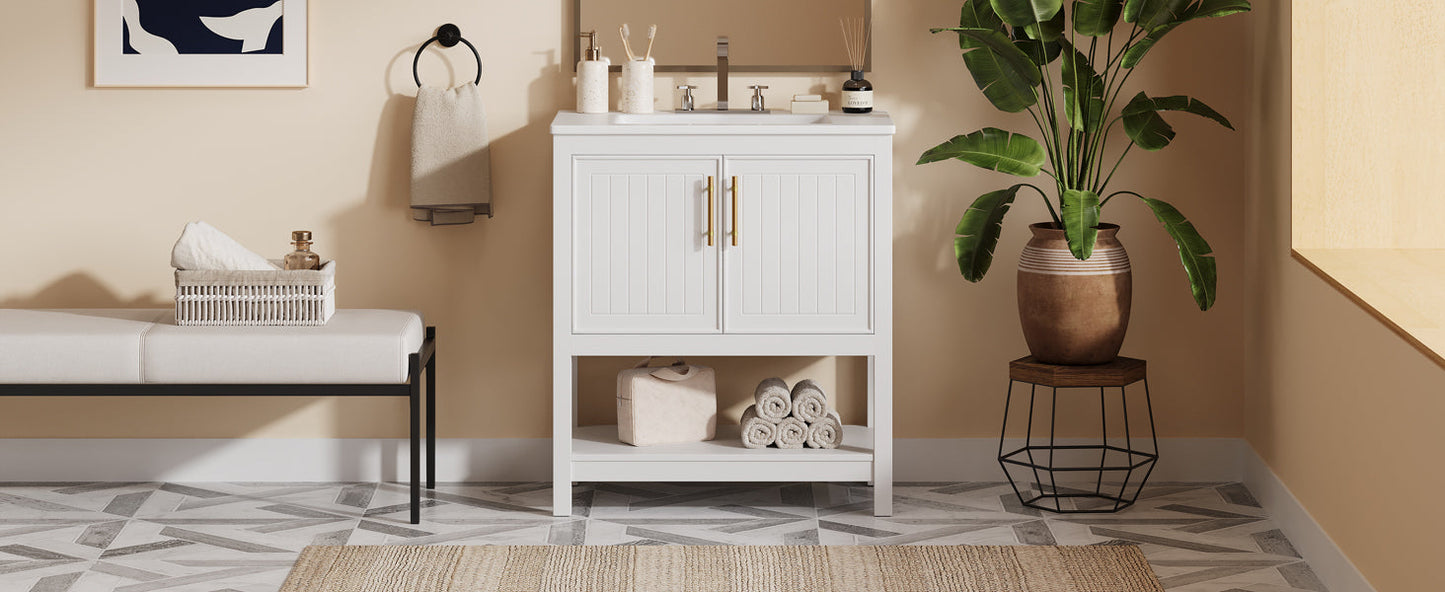30-Inch White Bathroom Vanity with Ceramic Sink and Versatile Storage - Ideal for Small Bathrooms - Korvel