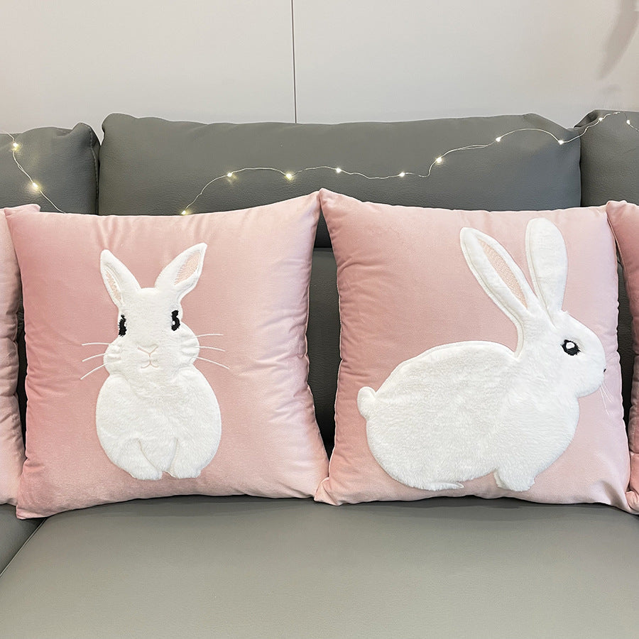 Charming Pink Bunny Velvet Pillow Cover