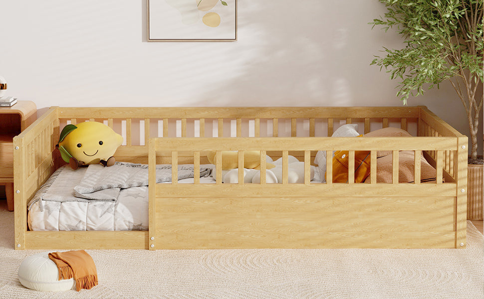 Twin Floor Bed Frame with Fence, Wood Kids Floor Beds Frame for Bedroom Playroom,Natural - Korvel