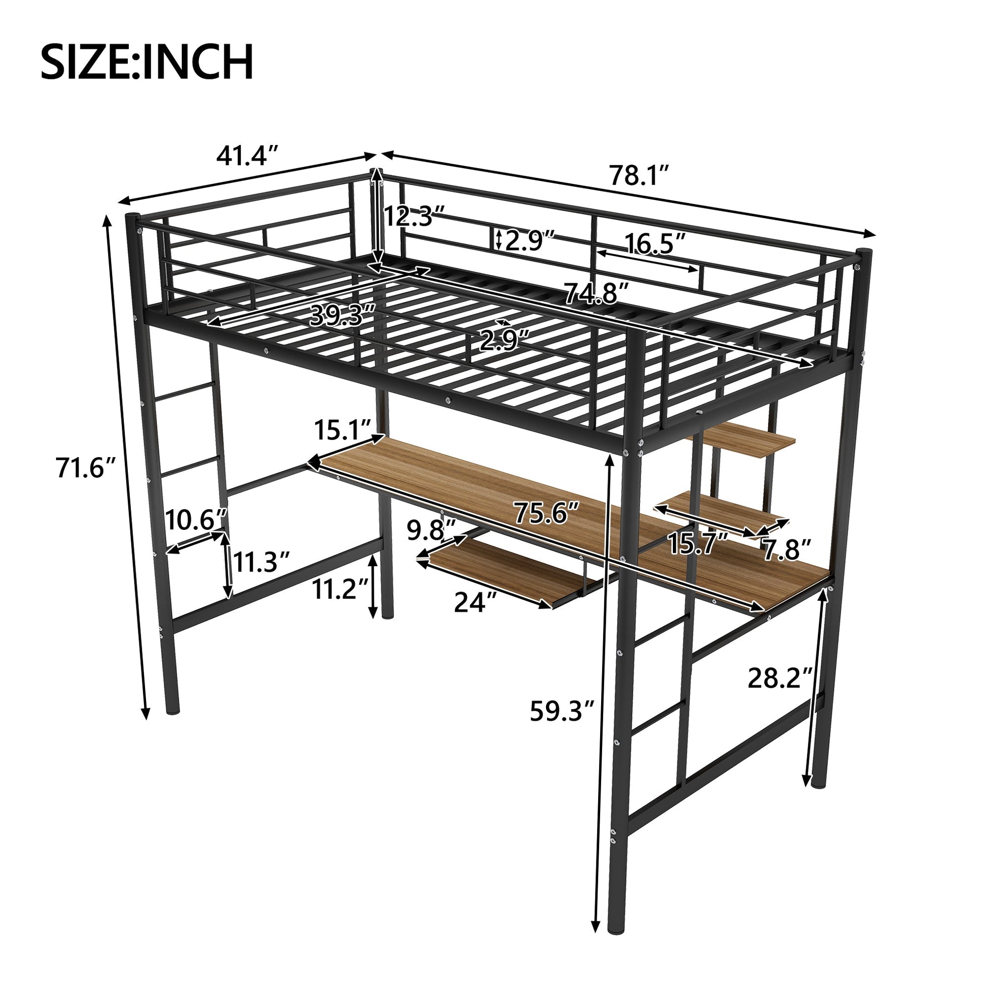 Loft Bed with Desk and Shelf   Space Saving Design Twin - Korvel