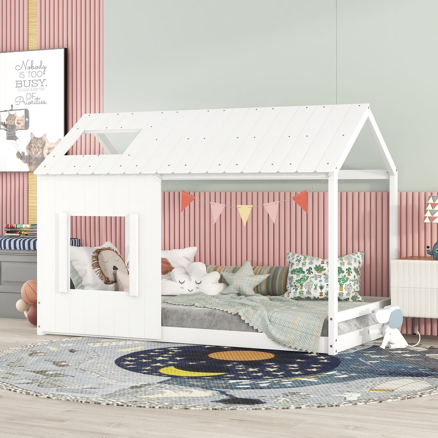 Twin Size House Bed with Roof and Window - White - Korvel