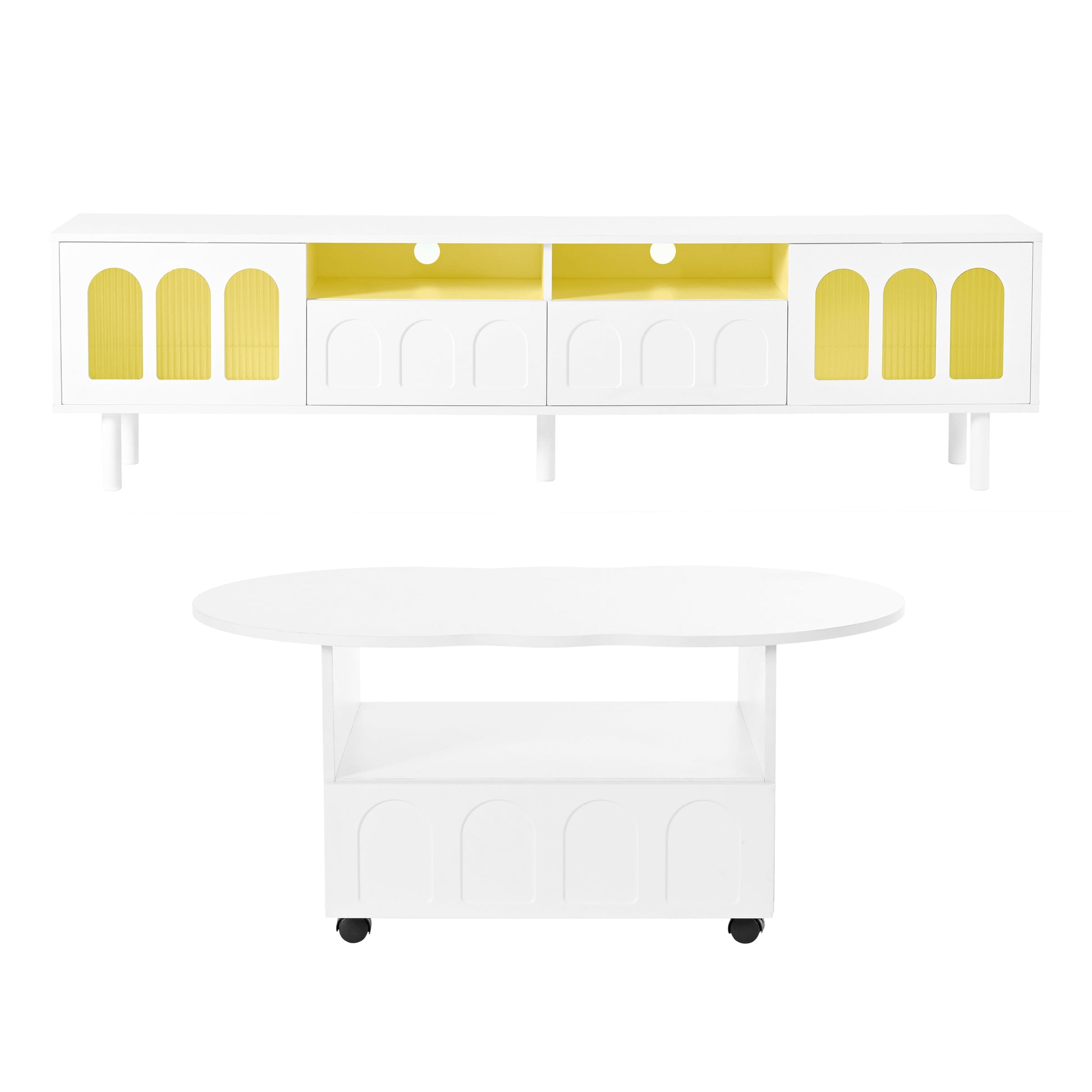 Two sets of ON-TRANS cream style TV stands and coffee tables, suitable for TVs under 80 inches, white - Korvel