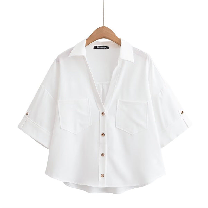 Elegant  Style Women's Fashion Casual Versatile V-Neck Short Sleeve Crop Shirt - Korvel