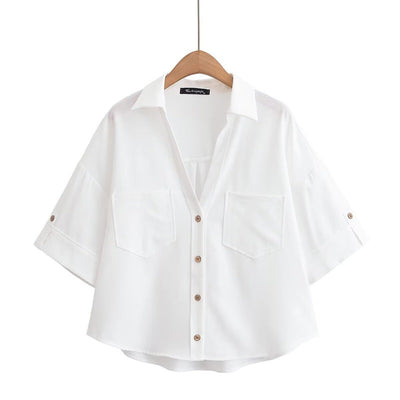 Elegant  Style Women's Fashion Casual Versatile V-Neck Short Sleeve Crop Shirt - Korvel