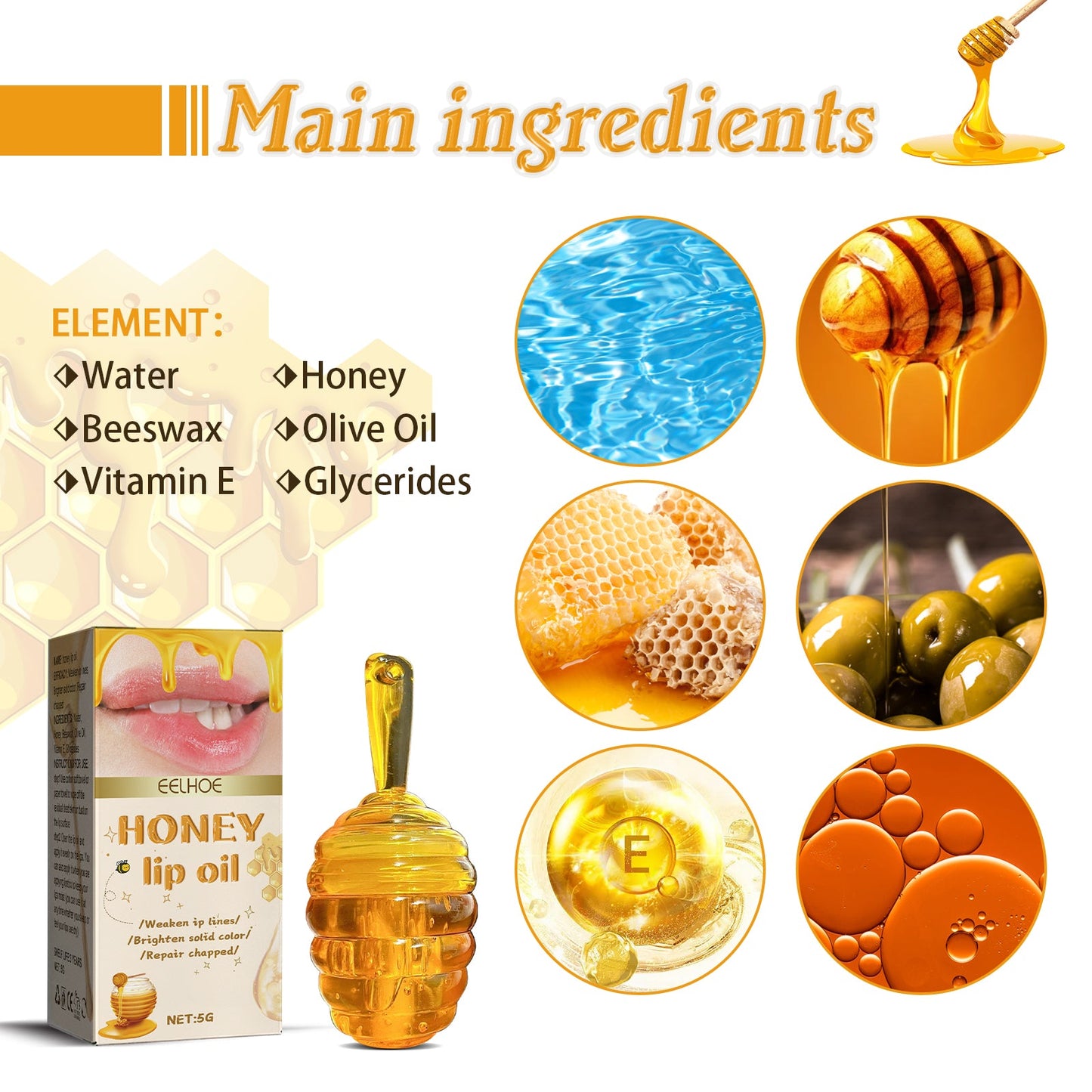 Honey Lip Oil, Reduces Lip Lines Prevents Dryness And Flaking Moisturizing Lip Oil - Korvel