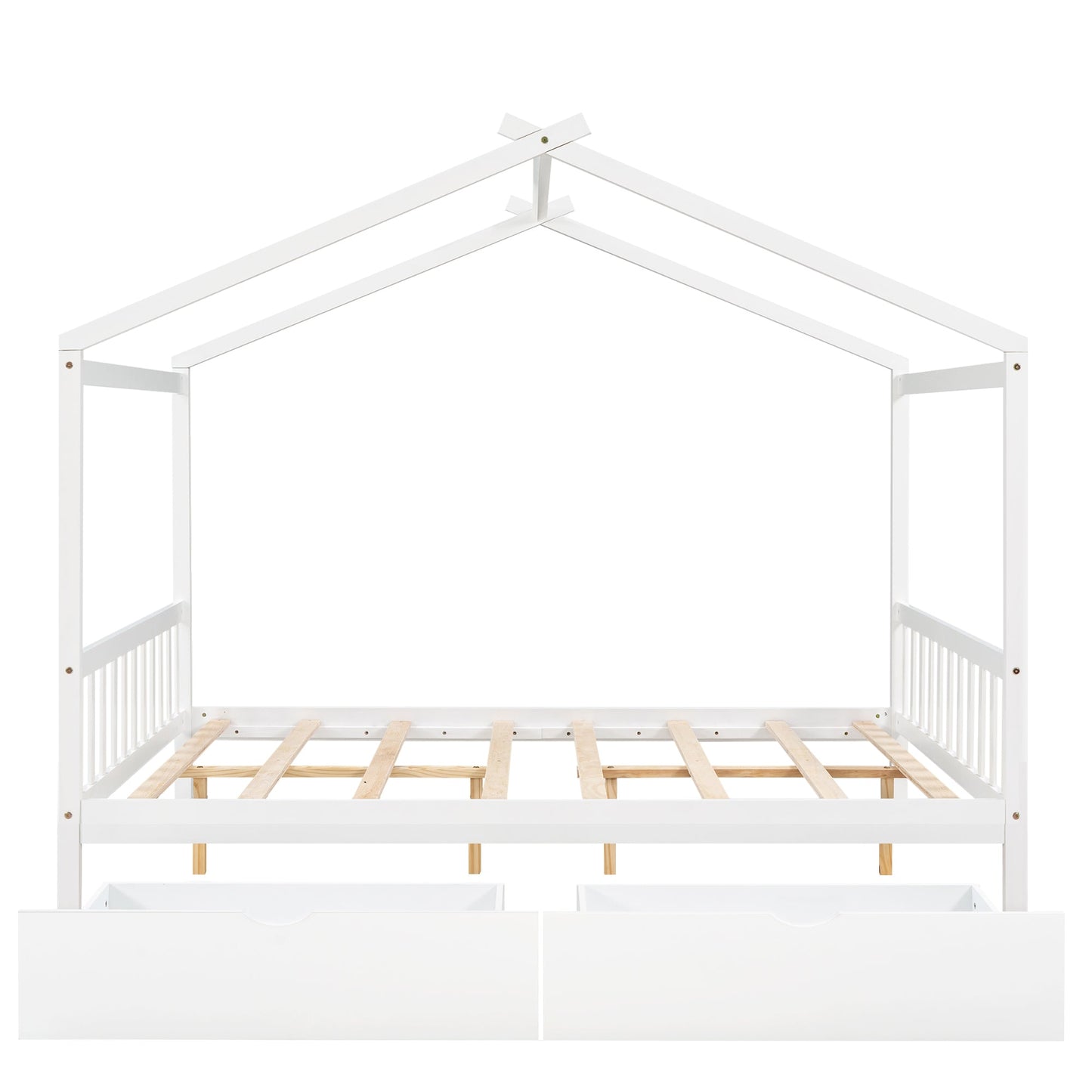 Full Size House Platform Bed with Two Drawers Headboard and Footboard,Roof Design White - Korvel