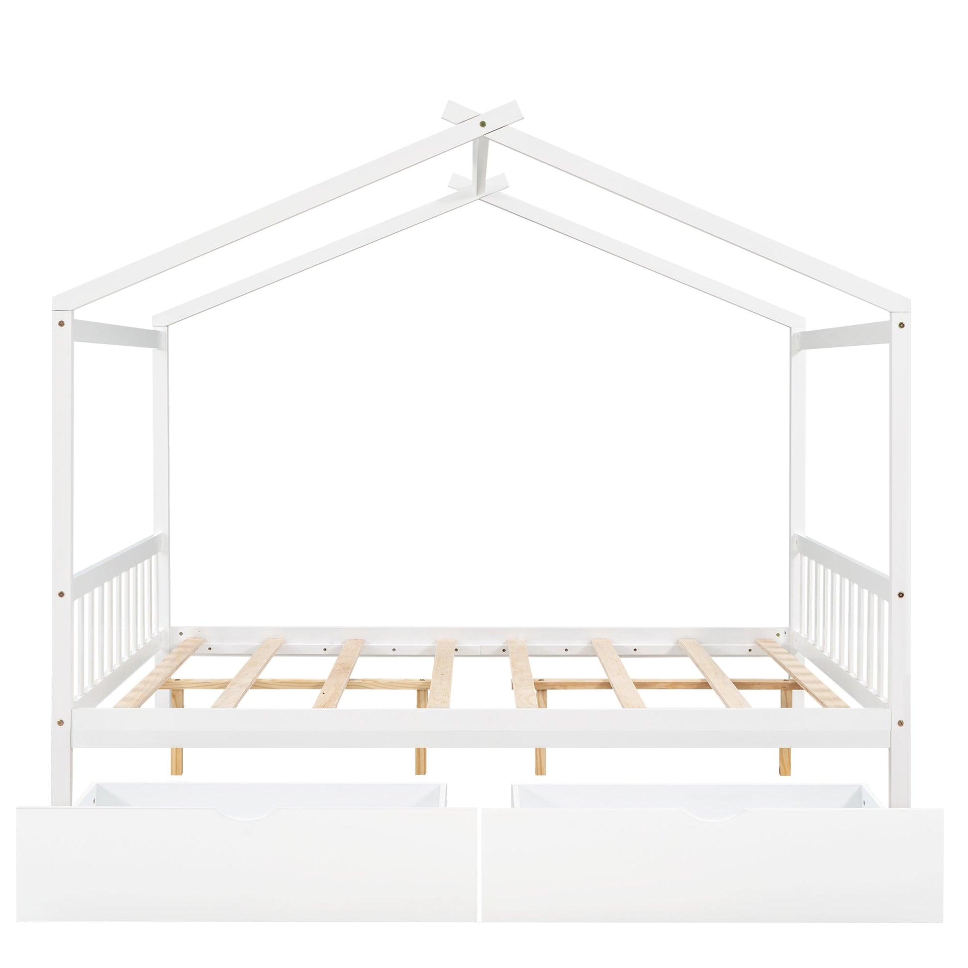 Full Size House Platform Bed with Two Drawers Headboard and Footboard,Roof Design White - Korvel
