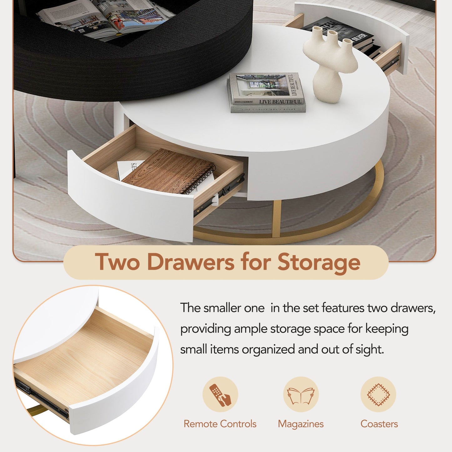 Tables basses empilables rondes modernes avec plateau relevable et tiroirs