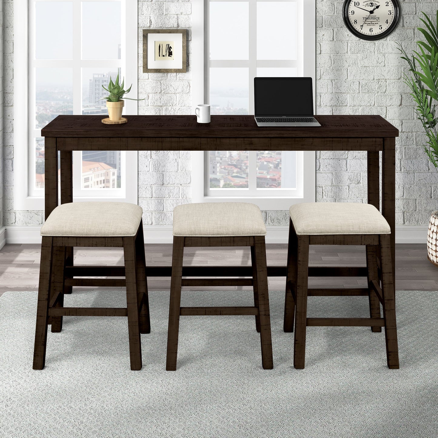 TOPMAX 4 Pieces Counter Height Table with Fabric Padded Stools, Rustic Bar Dining Set with Socket, Brown - Korvel
