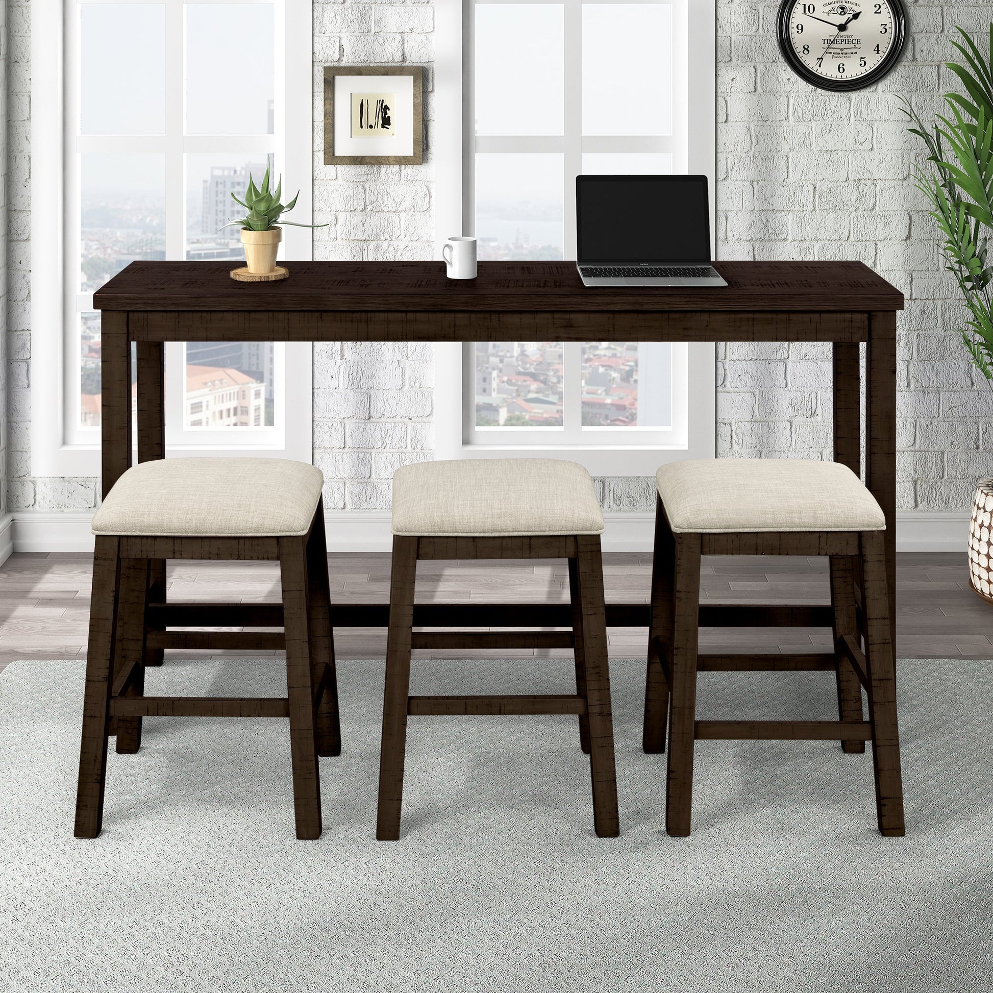 TOPMAX 4 Pieces Counter Height Table with Fabric Padded Stools, Rustic Bar Dining Set with Socket, Brown - Korvel