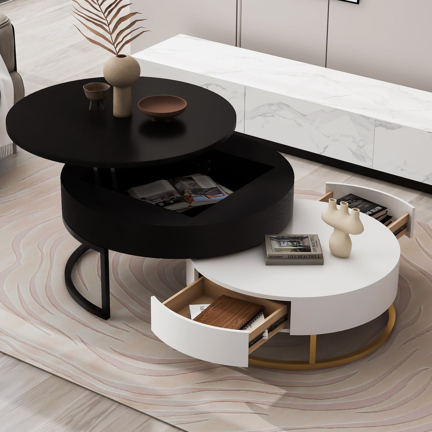 Tables basses empilables rondes modernes avec plateau relevable et tiroirs