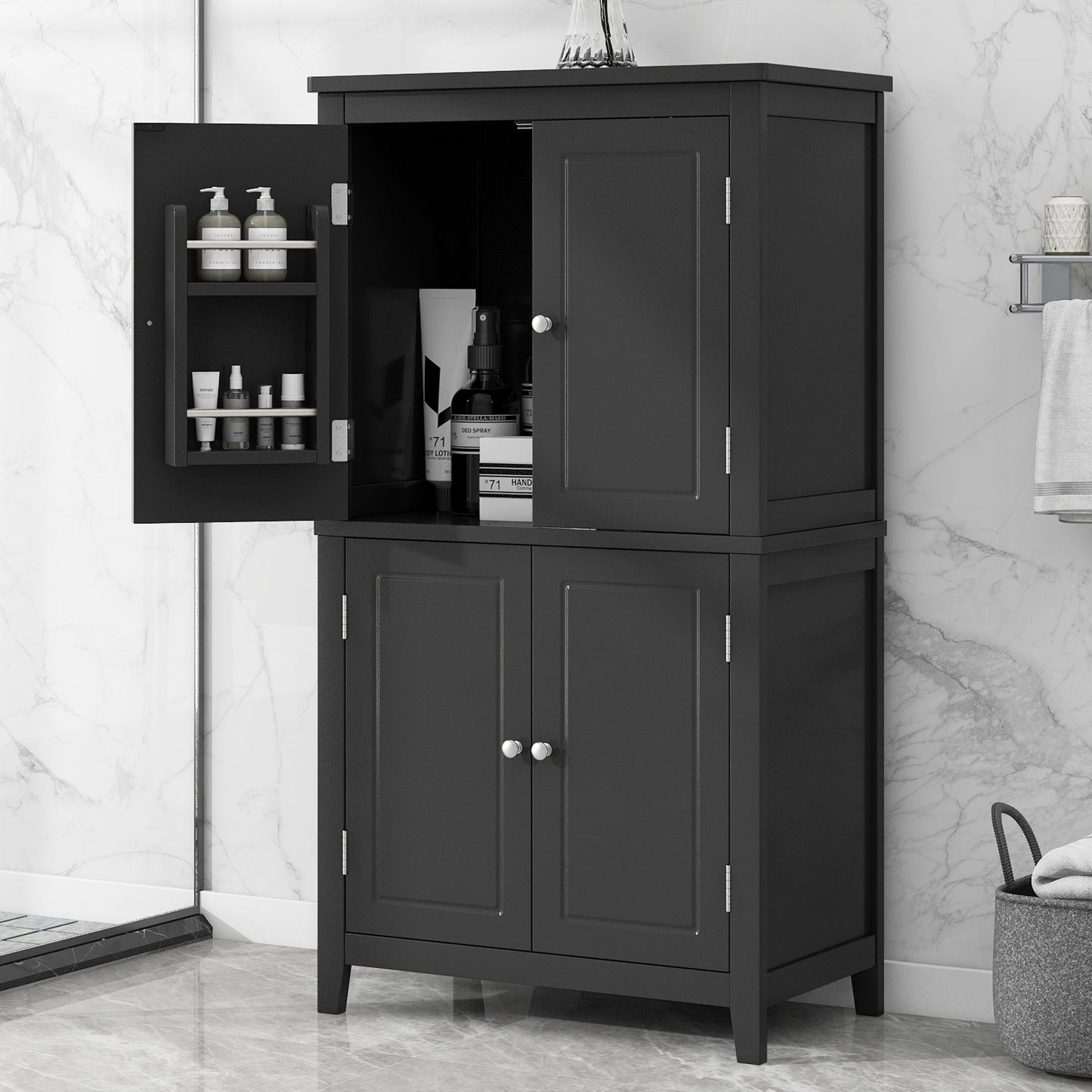 Elegant Black Bathroom Floor Storage Cabinet with Adjustable Shelves