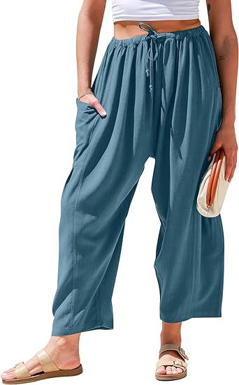 Pantalons larges en coton et lin taille haute pour femmes