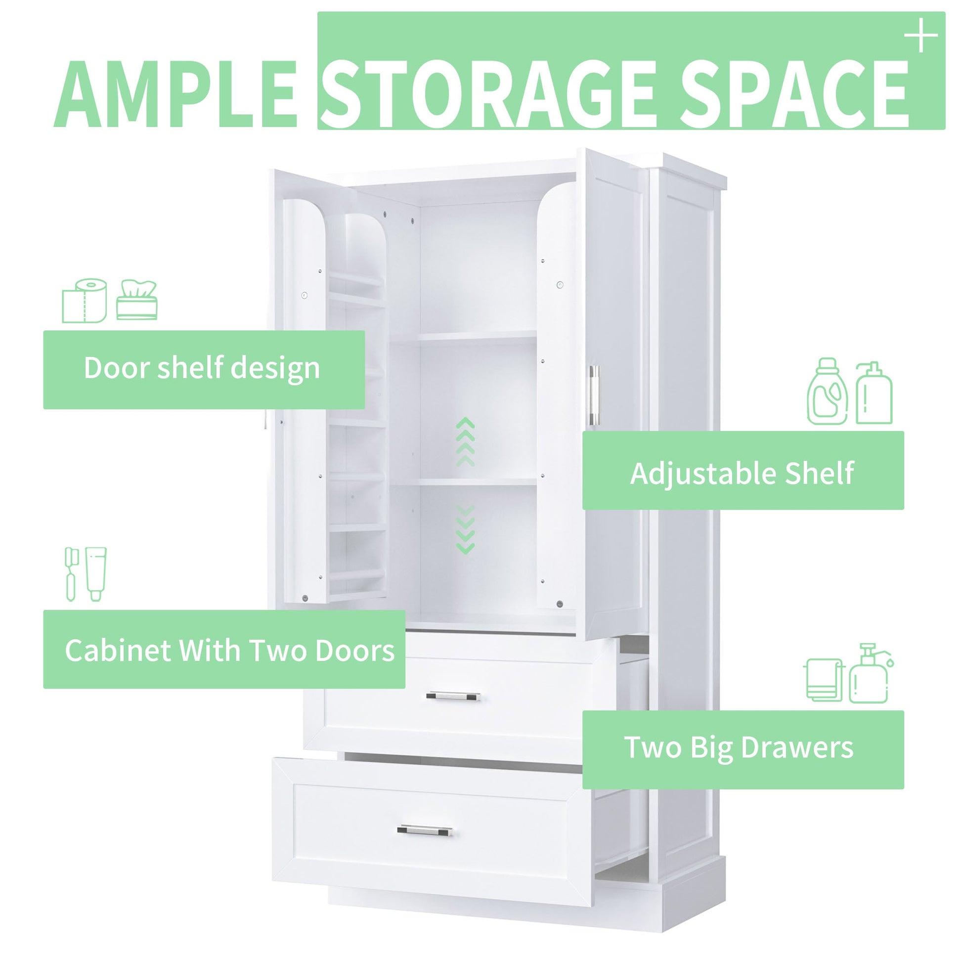 Tall Bathroom Storage Cabinet, Cabinet with Two Doors and Drawers, Adjustable Shelf, MDF Board, White - Korvel