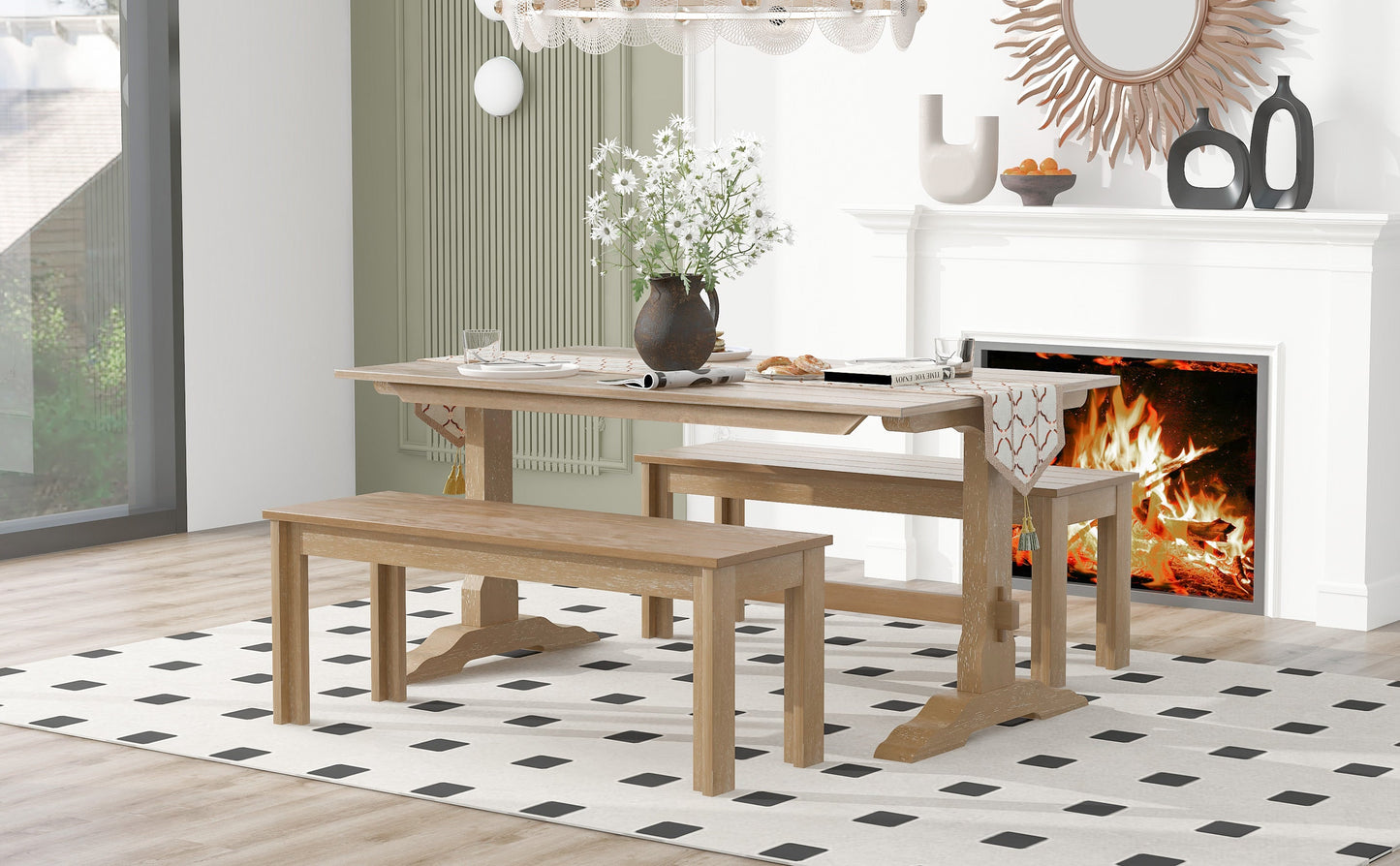 TREXM 3-piece retro dining table, rectangular stand table, and 2 4-person wooden stools (made of natural wood) - Korvel