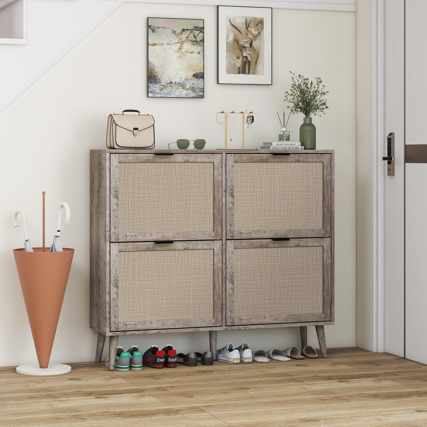 4 Door Shoe Rack, Freestanding Modern Shoe Storage Cabinet, for Entryway - Korvel