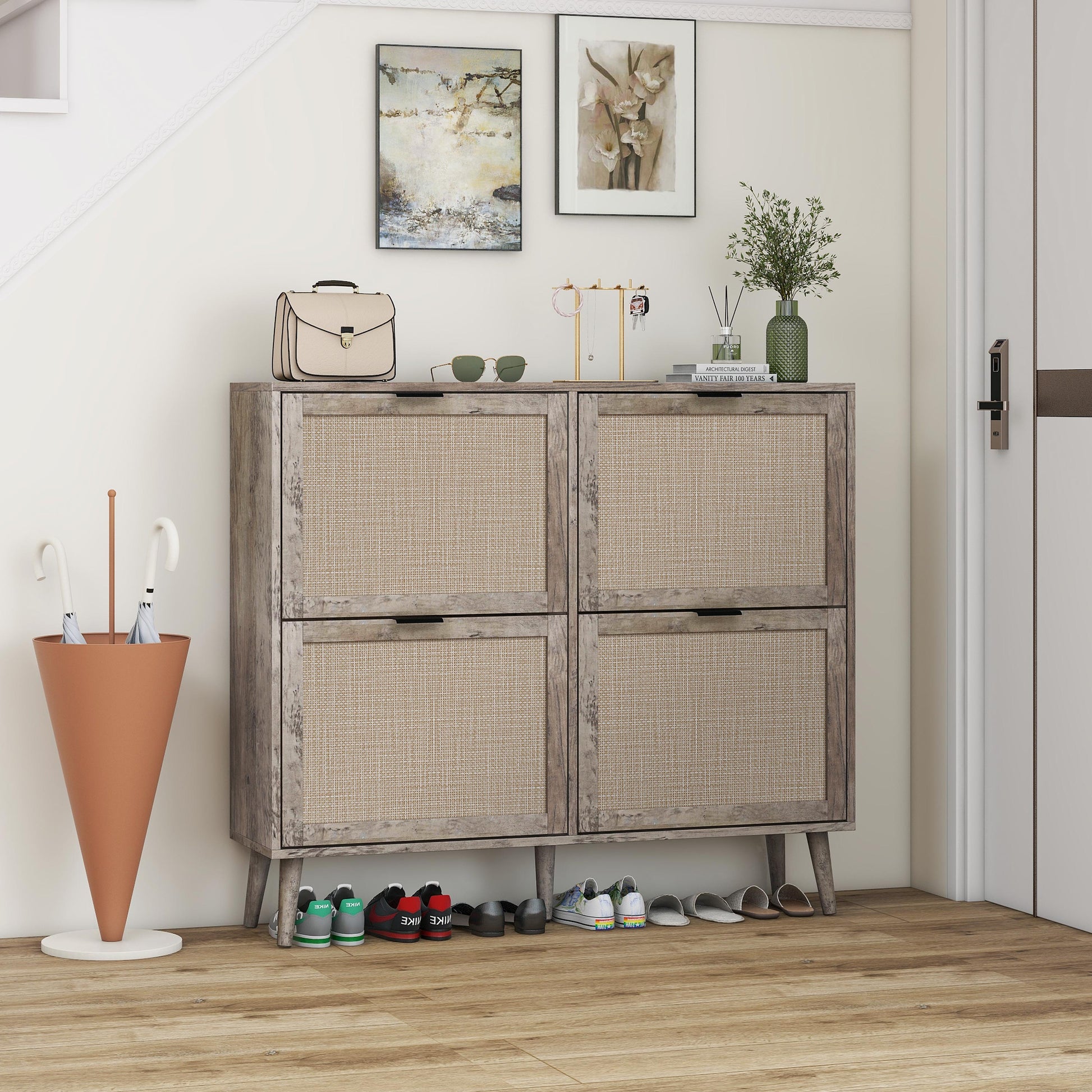 4 Door Shoe Rack, Freestanding Modern Shoe Storage Cabinet, for Entryway - Korvel