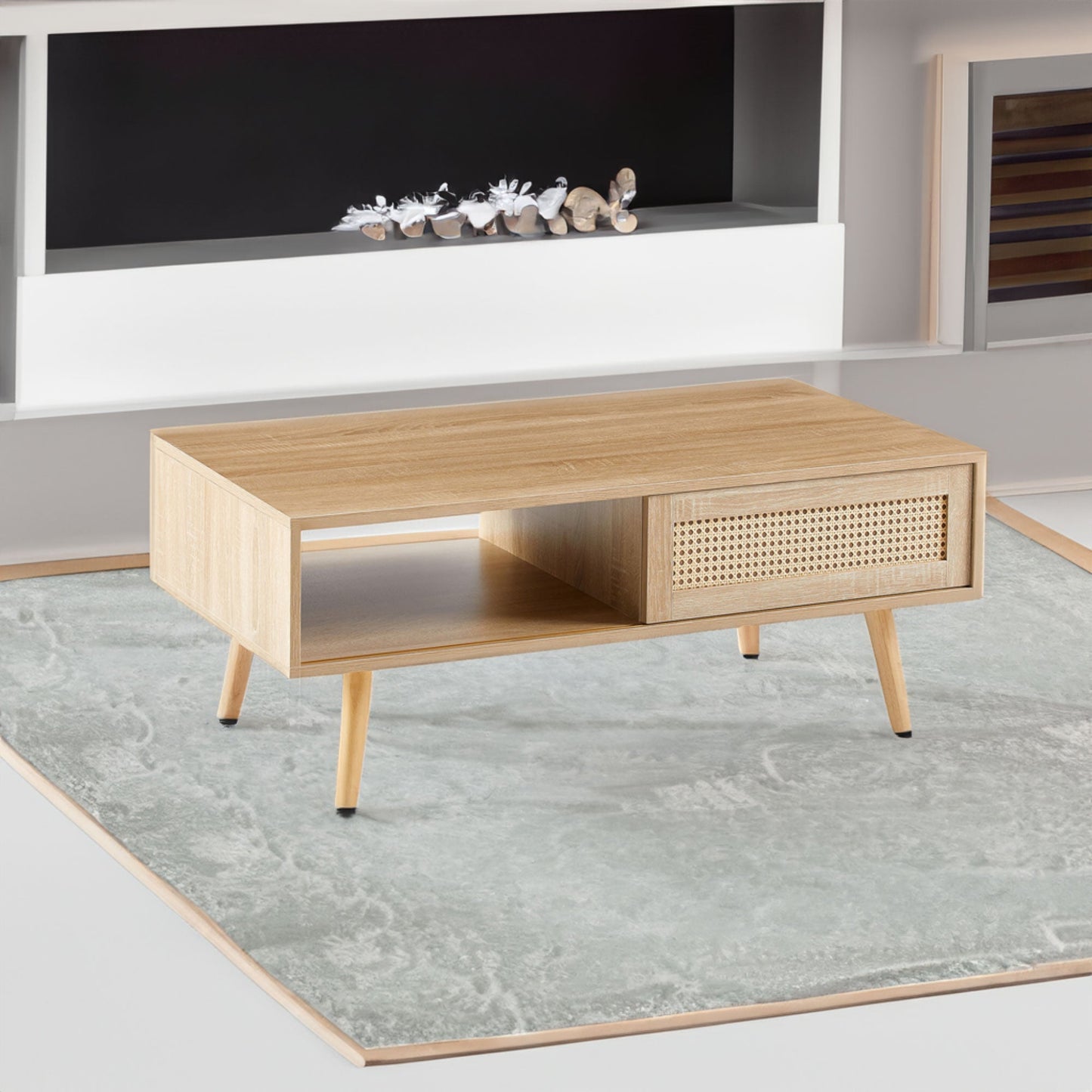 41.34" Modern Rattan Coffee Table with Sliding Door Storage