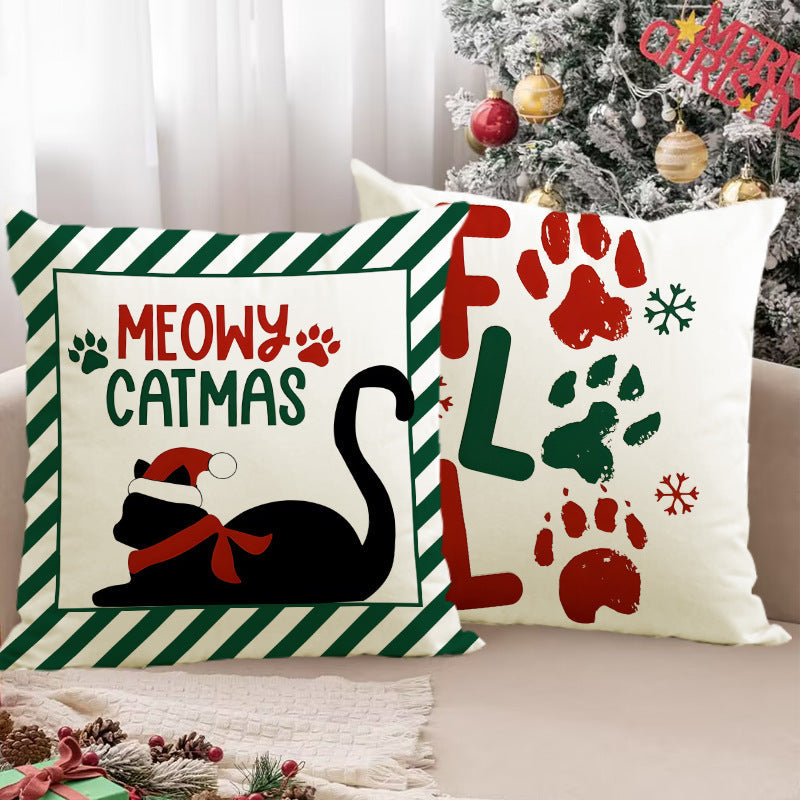 Christmas striped pillow cover linen black cat print pillowcase home holiday decoration cushion cover - Korvel