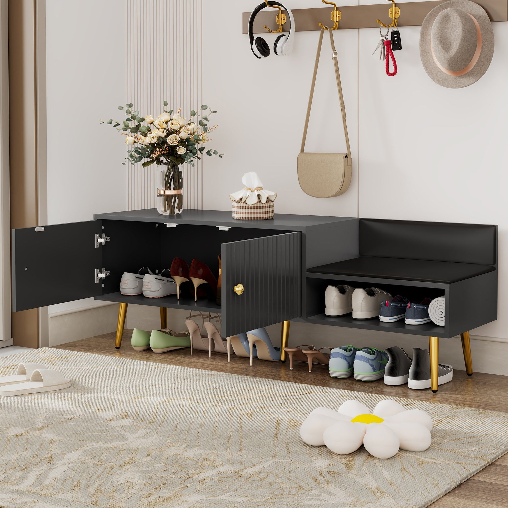 Modern Shoe Storage Bench with Hidden Storage and Upholstered Cushions for Bedside, Living Room and Entryway (Gray) - Korvel