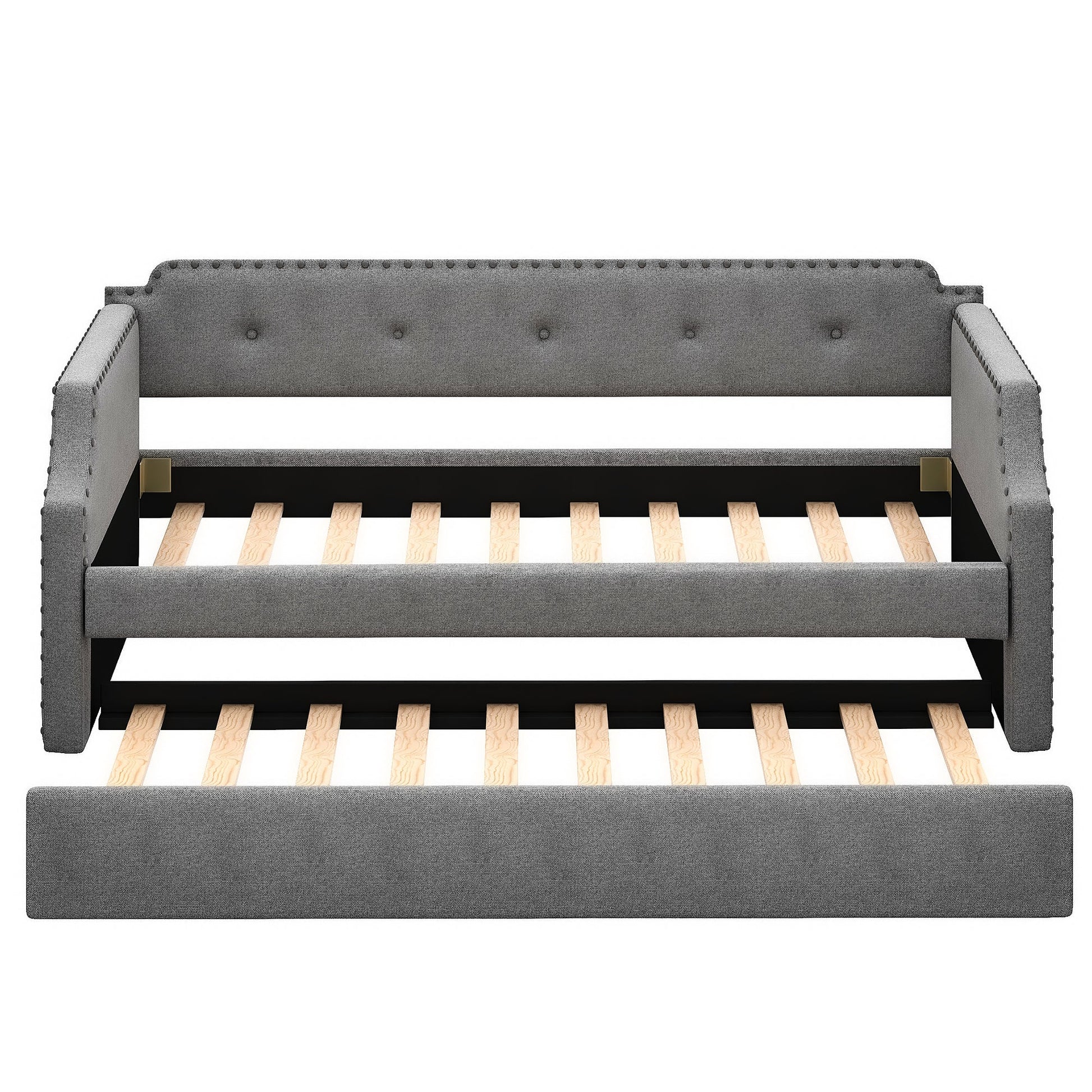 Upholstered Daybed with Trundle, Wood Slat Support,Upholstered Frame Sofa Bed   Twin Gray - Korvel