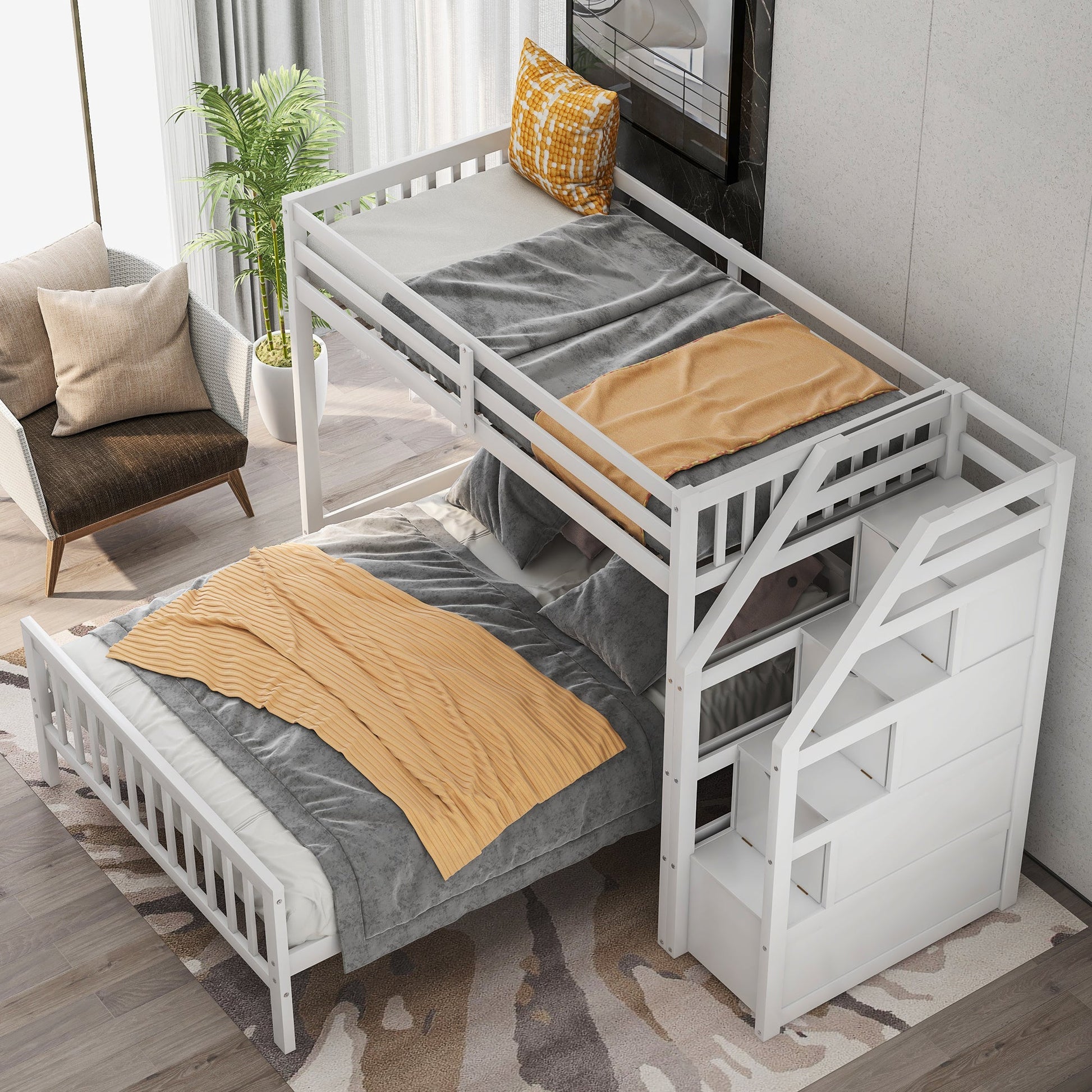 Twin over Full Loft Bed with Staircase,White - Korvel