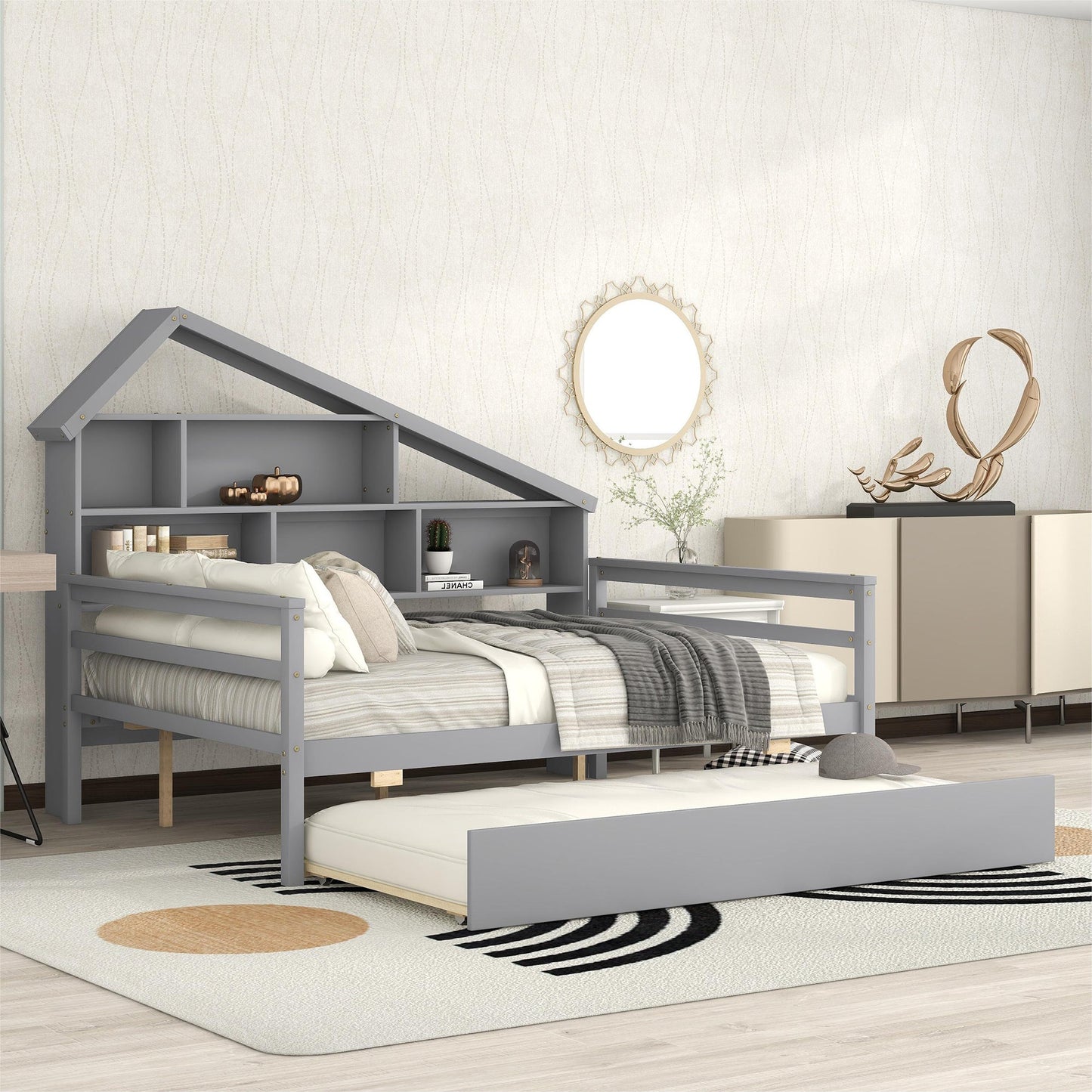 Full Size Platform Bed with Trundle and Shelves Gray - Korvel