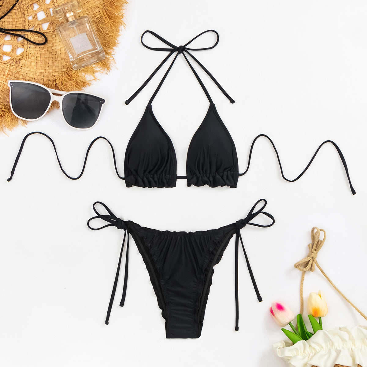 Solid color lace up backless sexy bikini split swimsuit - Korvel