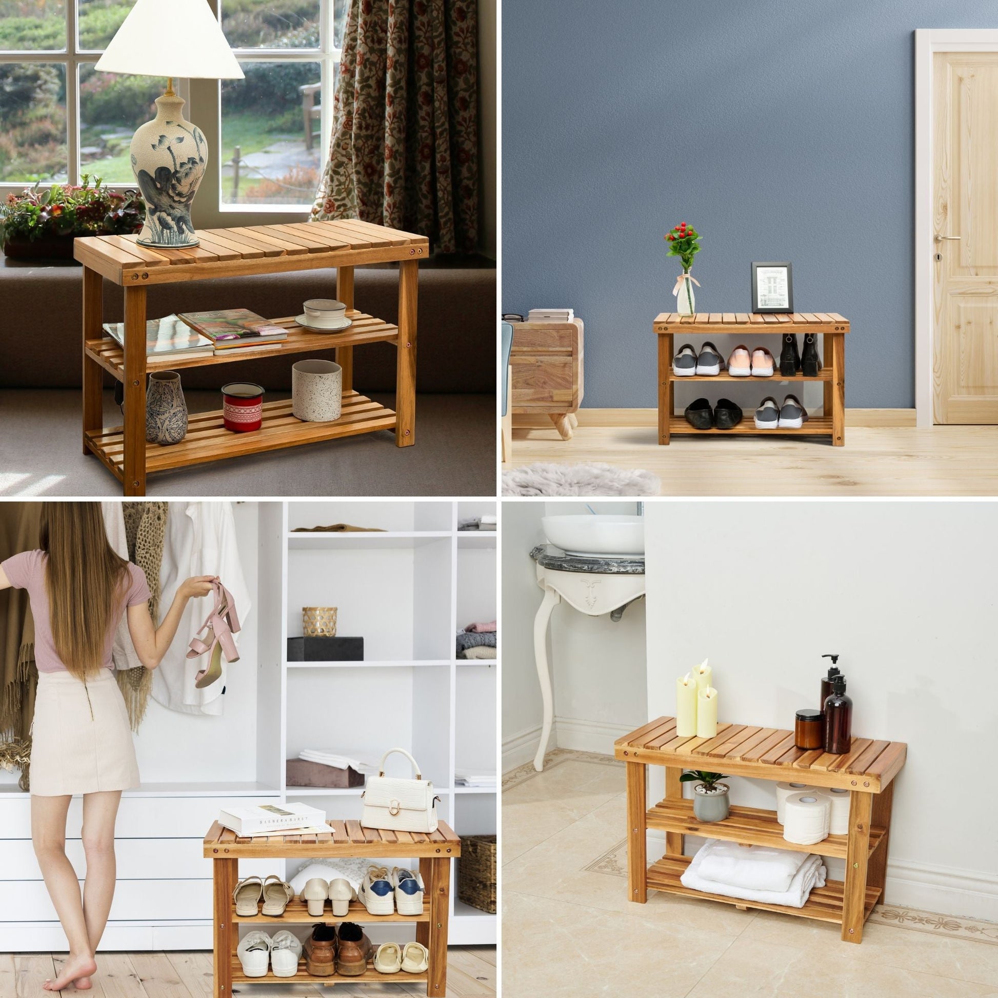 Acacia Wood Shoe Rack Bench Strong Weight Bearing Upto 200 LBS Best Ideas For Entryway Frontdoor Bathroom, Natural Color. - Korvel