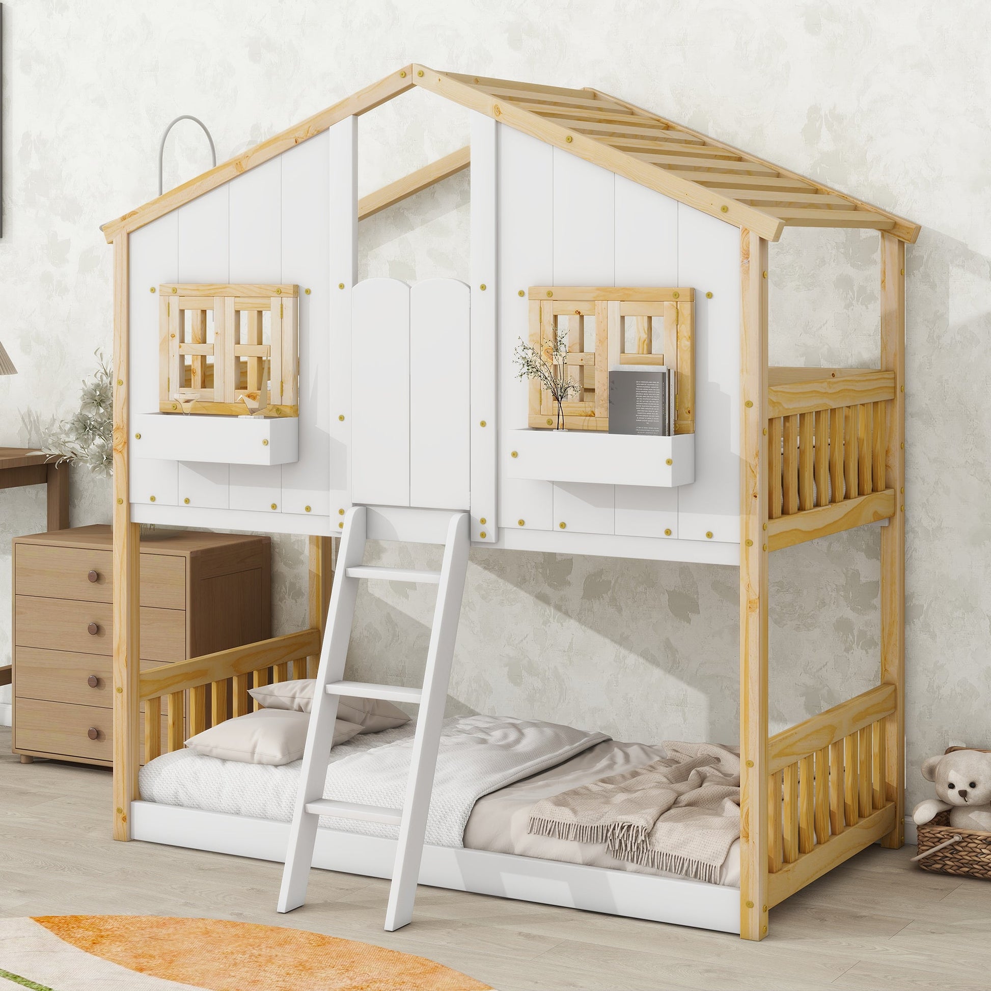 Twin over Twin House Bunk Bed with Roof , Window, Window Box, Door , with Safety Guardrails and Ladder, Natural/White - Korvel