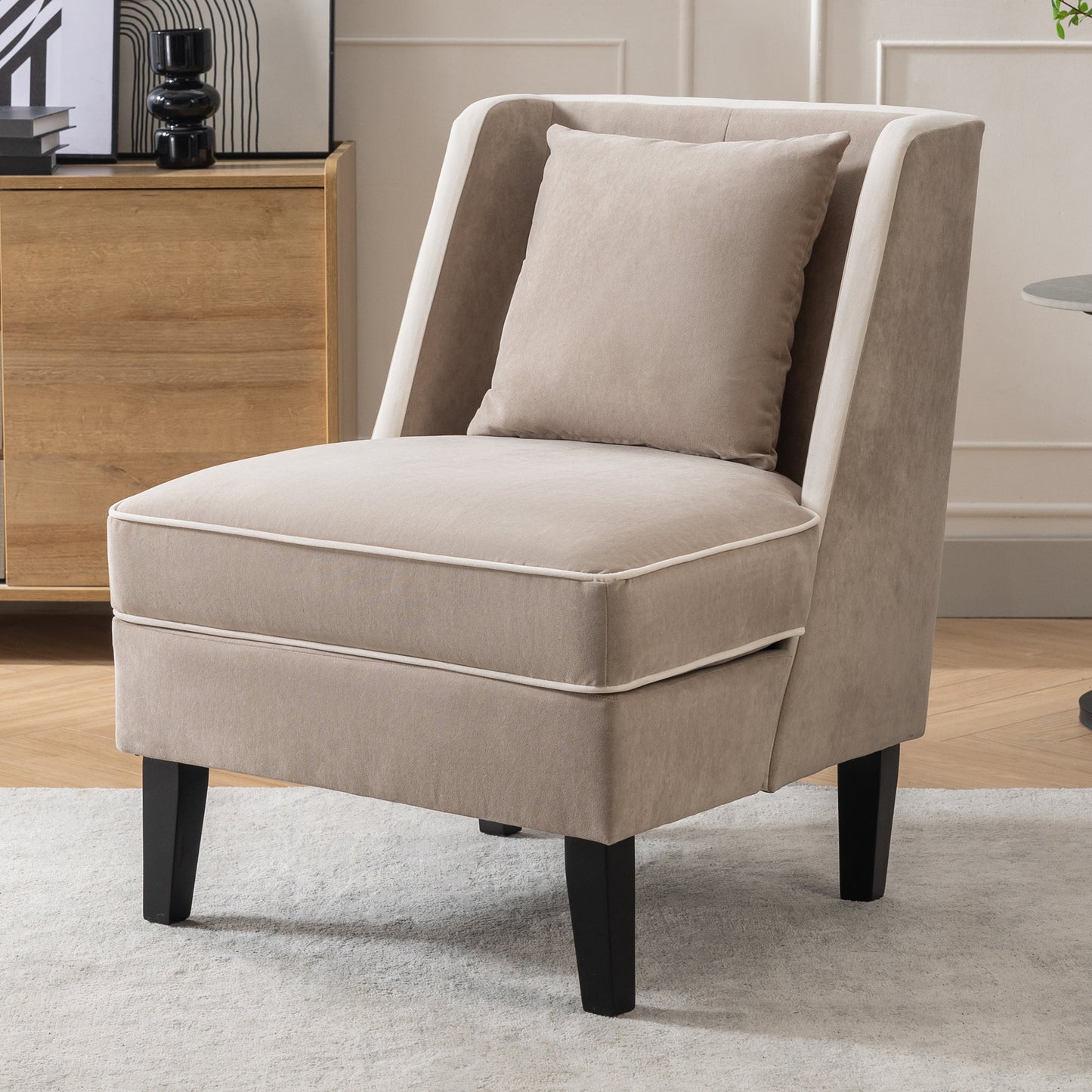 Velvet Upholstered Accent Chair with Cream Piping, Tan and Cream - Korvel