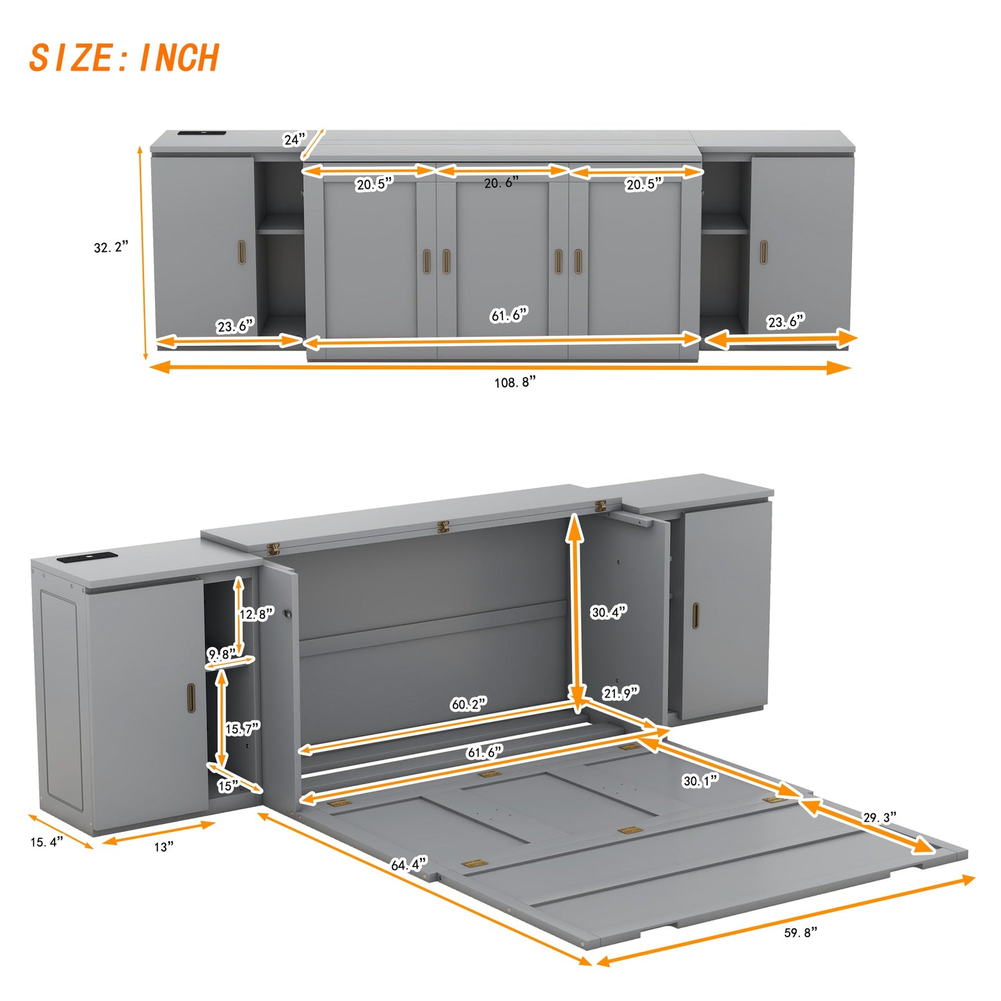 Queen Size Murphy Bed with Shelves, Cabinets and USB Ports,Gray - Korvel
