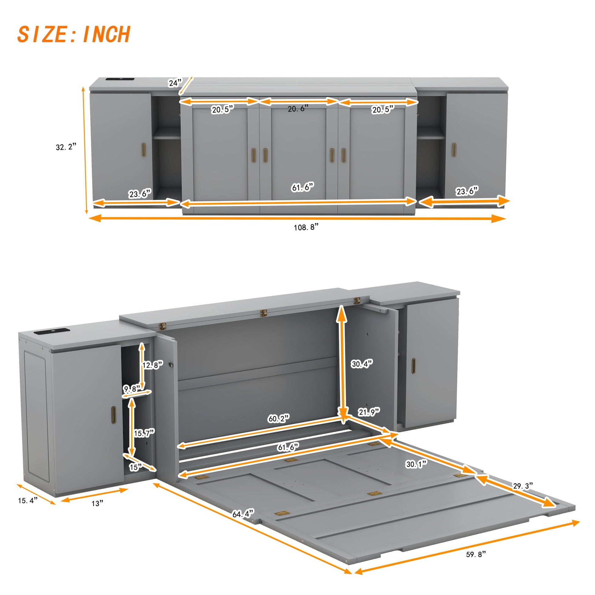 Queen Size Murphy Bed with Shelves, Cabinets and USB Ports,Gray - Korvel