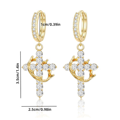 Rotating Crown Cross Earrings Set with Zircon - Korvel