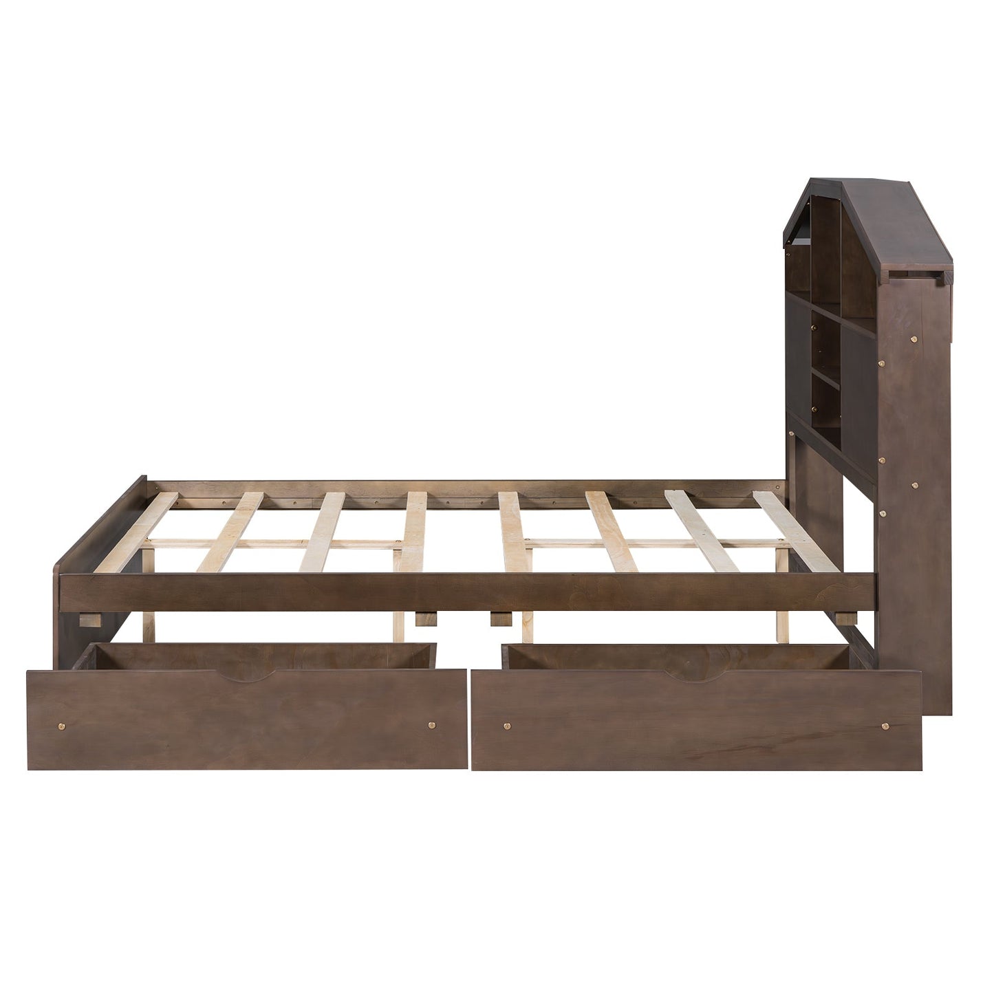 Cama Plataforma de Madera de Nogal de Tamaño Completo con Cabecera de Almacenamiento