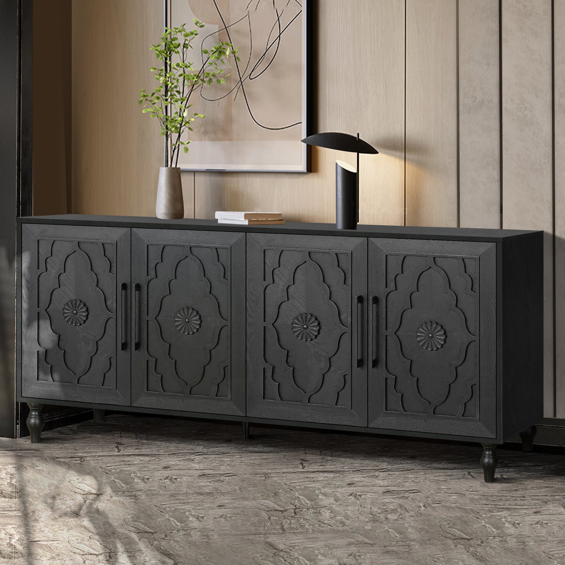 Carved Flower Door Large Storage Cabinet With Metal Handle Suitable For Living Room, Kitchen, Entryway(BLACK) - Korvel