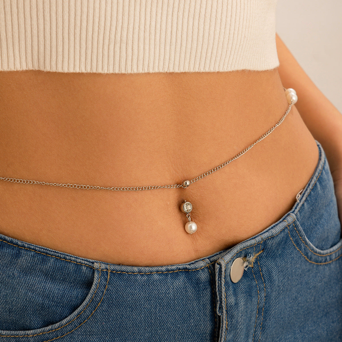 Elegant Zircon Navel Nail Body Chain with Imitation Pearls