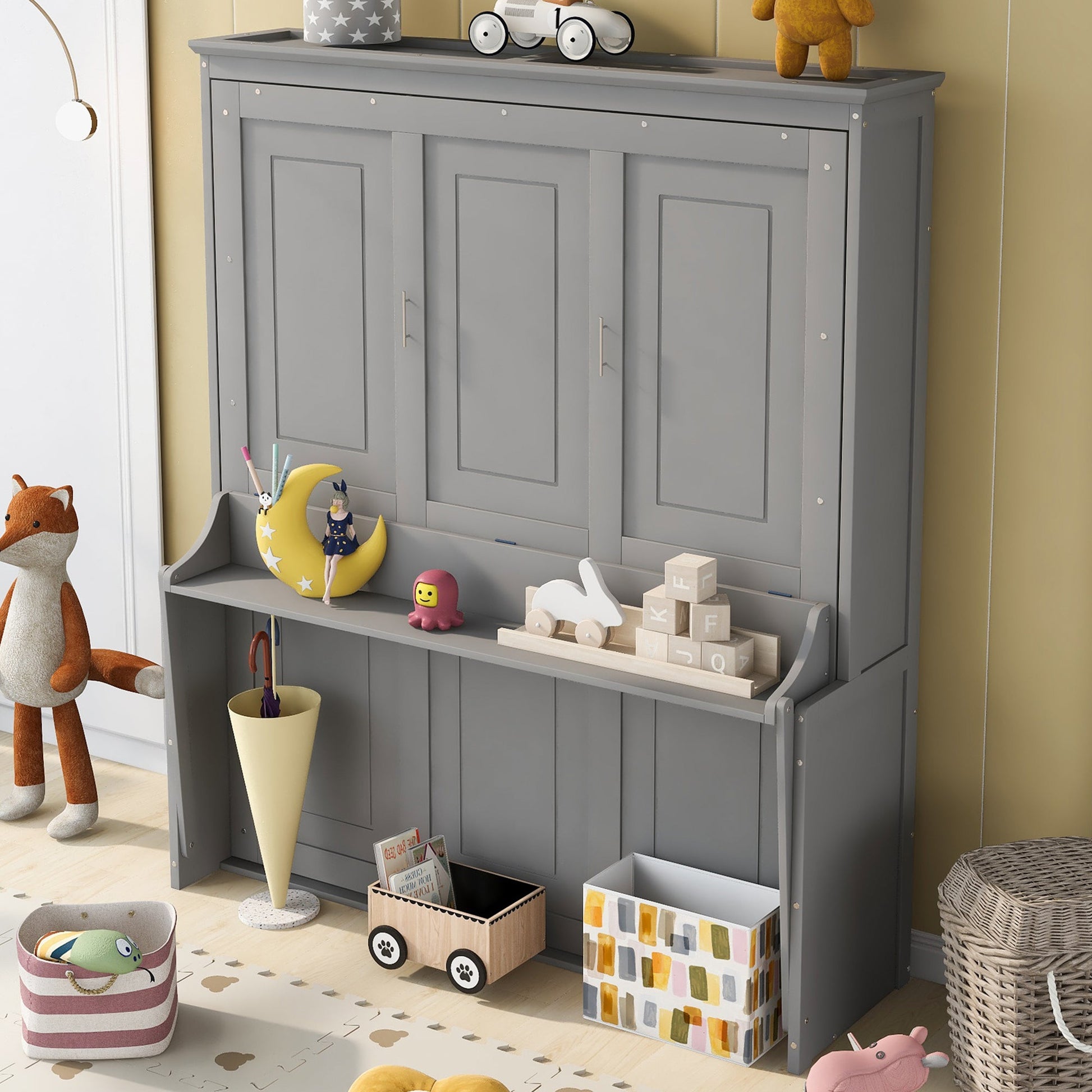 Queen Size Murphy Bed with a Shelf, Gray - Korvel