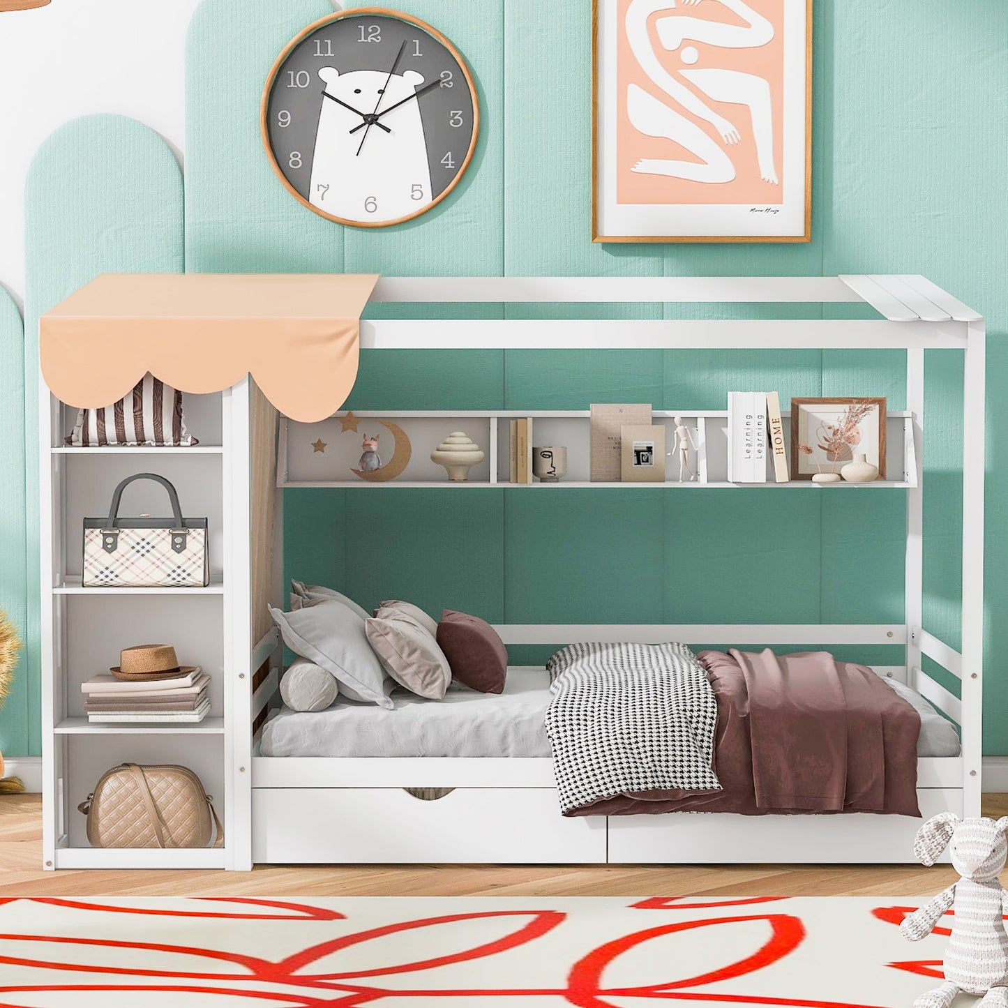 Twin Size House Bed with Two Drawers and Wardrobe - White