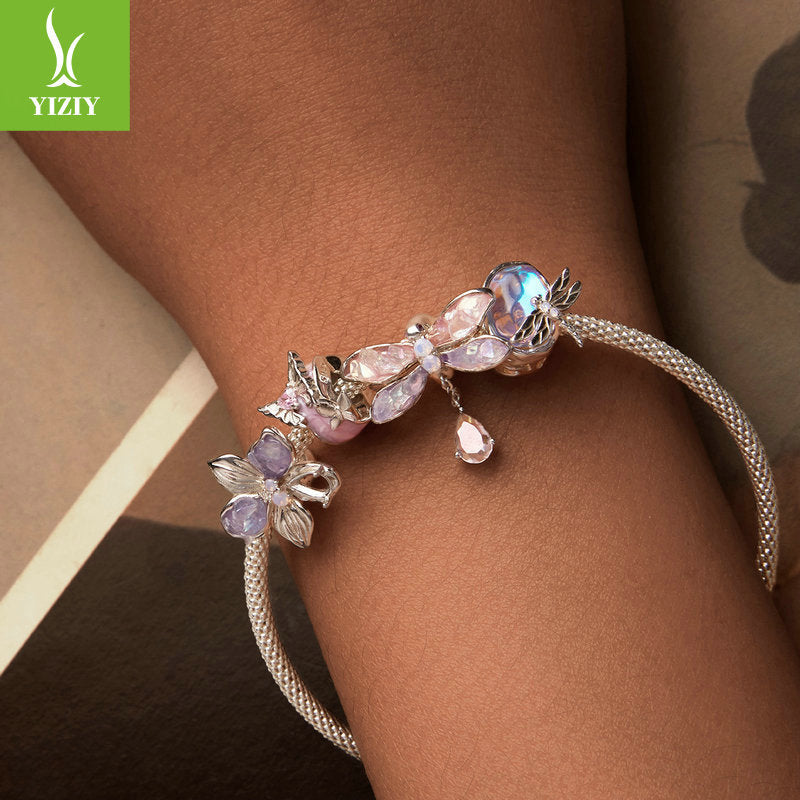 Silver Charm Pink Butterfly DIY Silicone Positioning Bracelet with Separated Beads Romantic Spring Day s925 Pure Silver Beads Loose Beads - Korvel