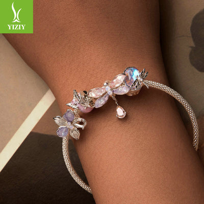 Silver Charm Pink Butterfly DIY Silicone Positioning Bracelet with Separated Beads Romantic Spring Day s925 Pure Silver Beads Loose Beads - Korvel