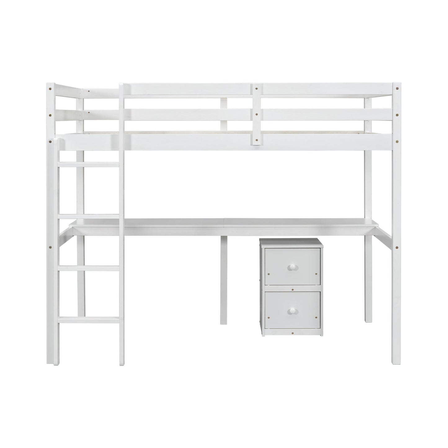 Twin Loft Wood Bed with Under-bed, Built-in Desk, a Storage Cabinet of 2 Drawers, Guardrails, Ladder,White - Korvel