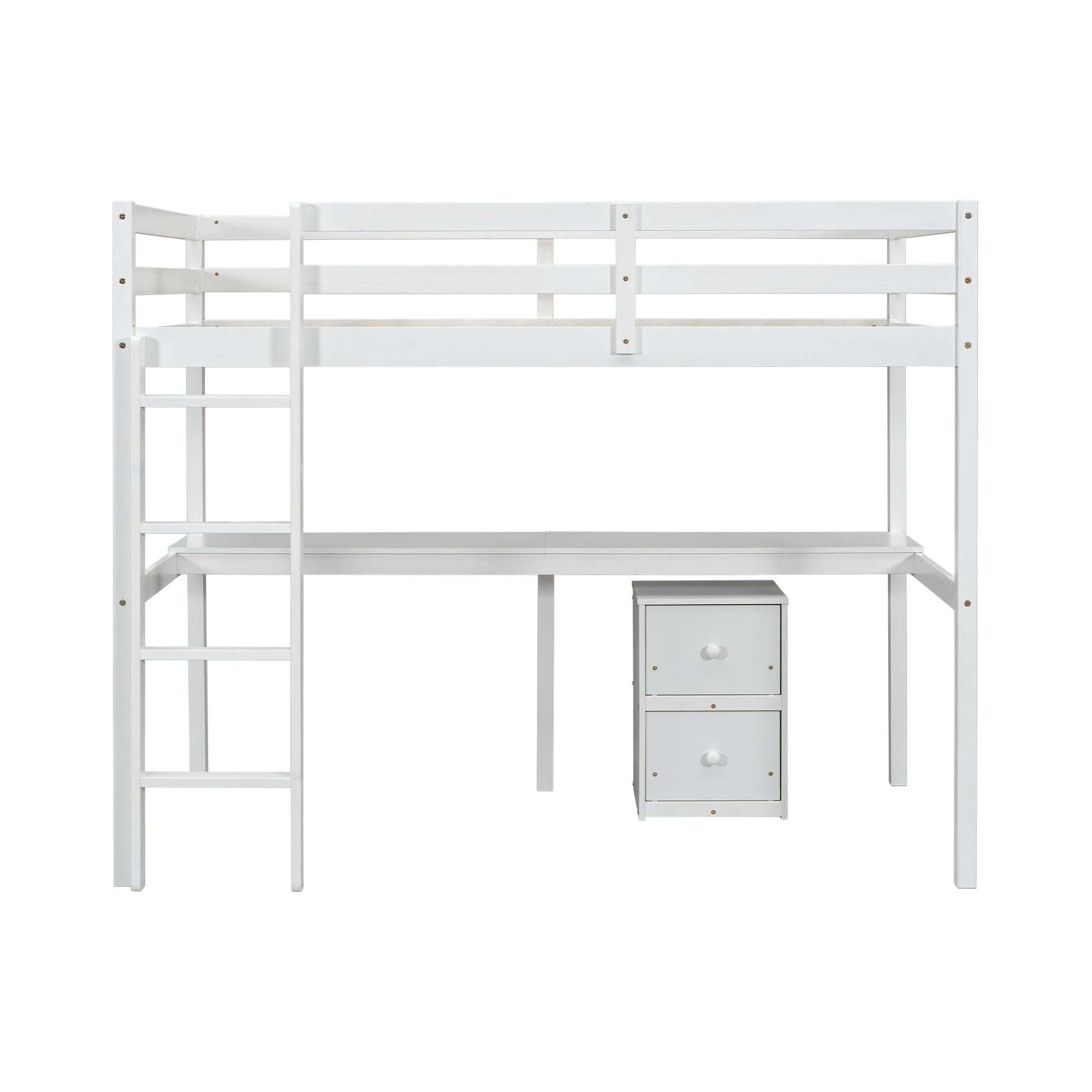 Twin Loft Wood Bed with Under-bed, Built-in Desk, a Storage Cabinet of 2 Drawers, Guardrails, Ladder,White - Korvel